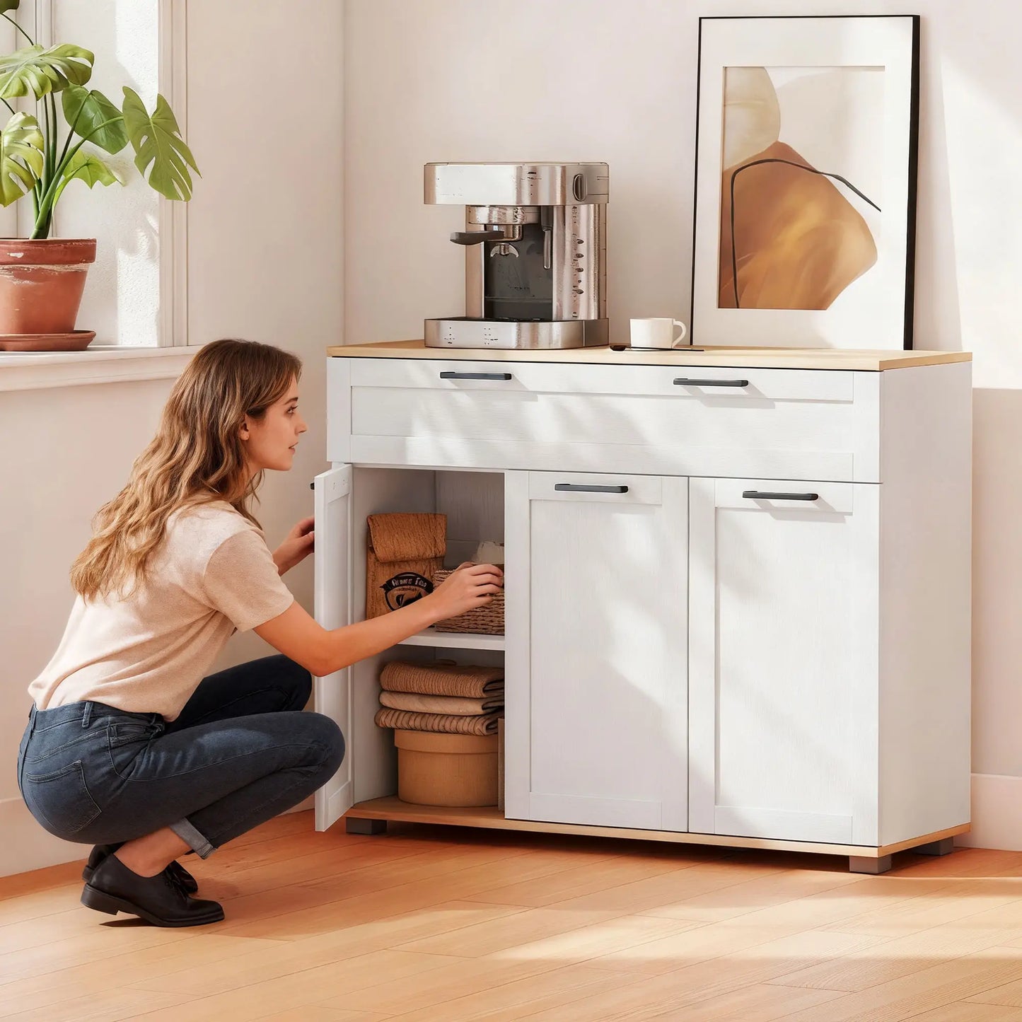 Modern 40" Sideboard Buffet Cabinet, 3 Doors, 2 Shelves, White Bar Cabinets at Gallery Canada