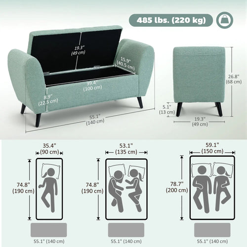 Upholstered Storage Bench with Arms, Modern Ottoman, Green