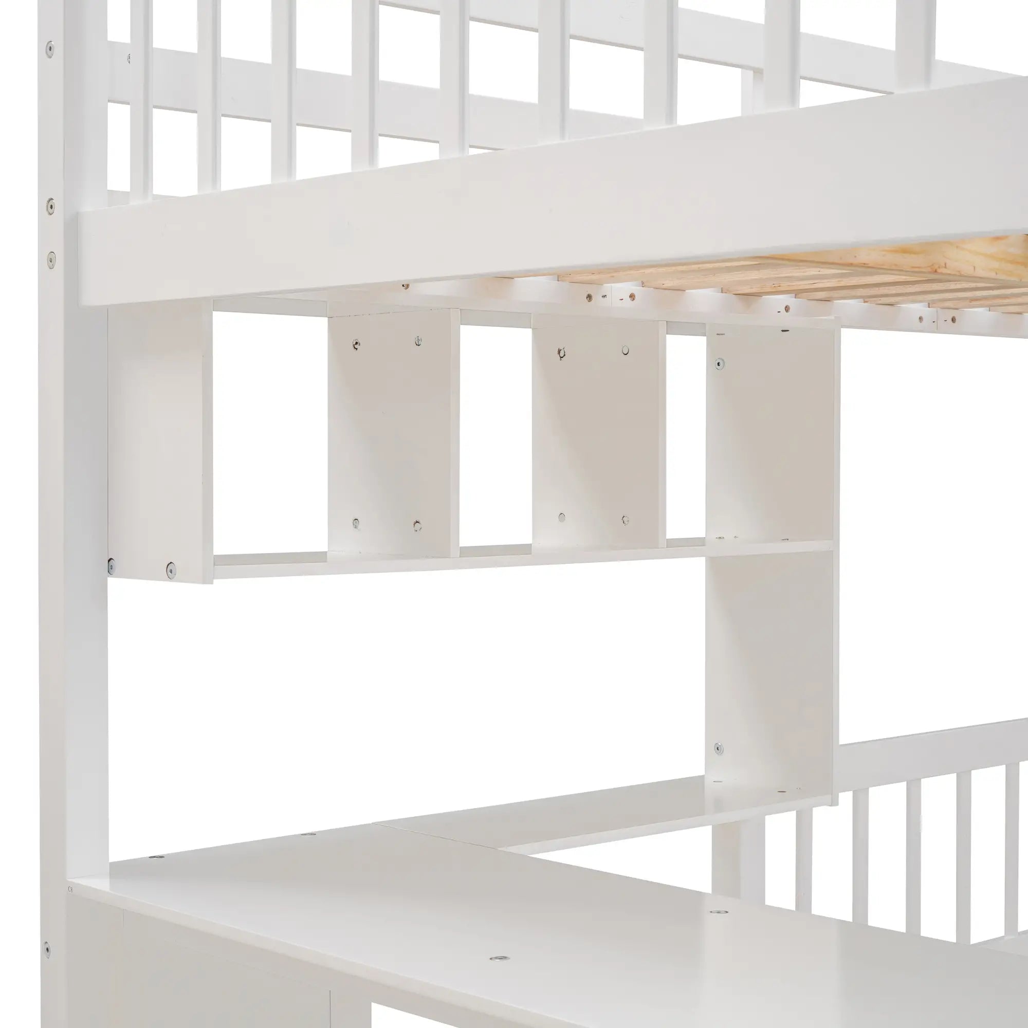Over Twin Bunk Bed with Desk, Drawers, Shelves, 98