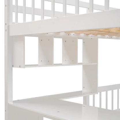 Over Twin Bunk Bed with Desk, Drawers, Shelves, 98" L x 80" W x 64.5" H, White Bed Frames at Gallery Canada