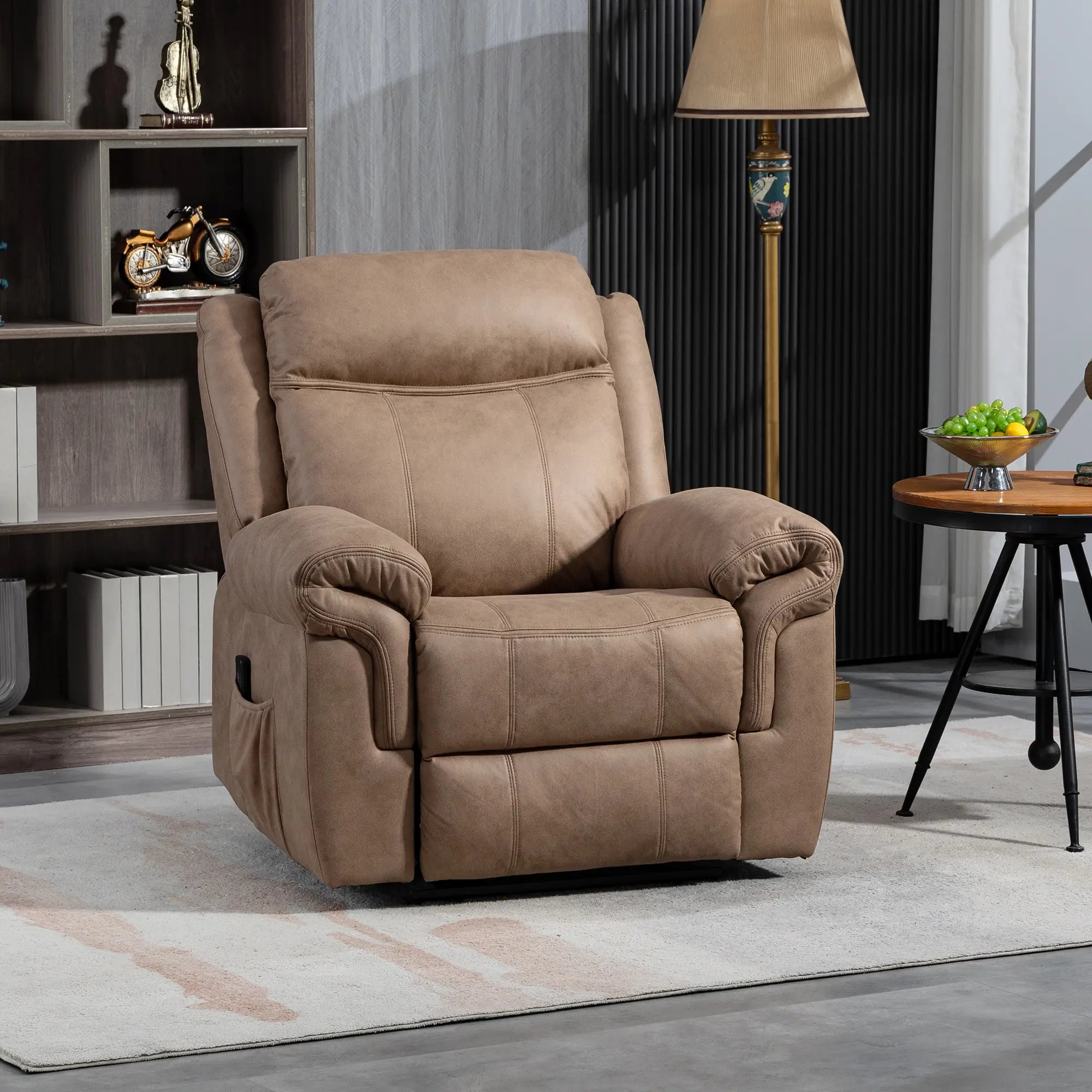Manual Recliner Chair, Vibration Massage, Side Pockets, Microfibre, Brown Single Sofas at Gallery Canada