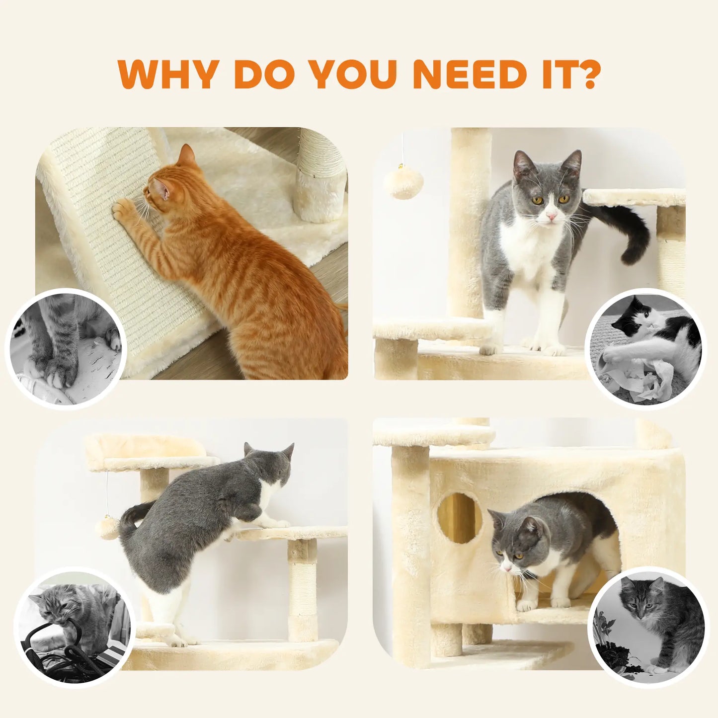 63" Cat Tree, Multi-Level Cat Tower With Scratching Posts, Bed, Cream White Multi-Level Cat Towers at Gallery Canada