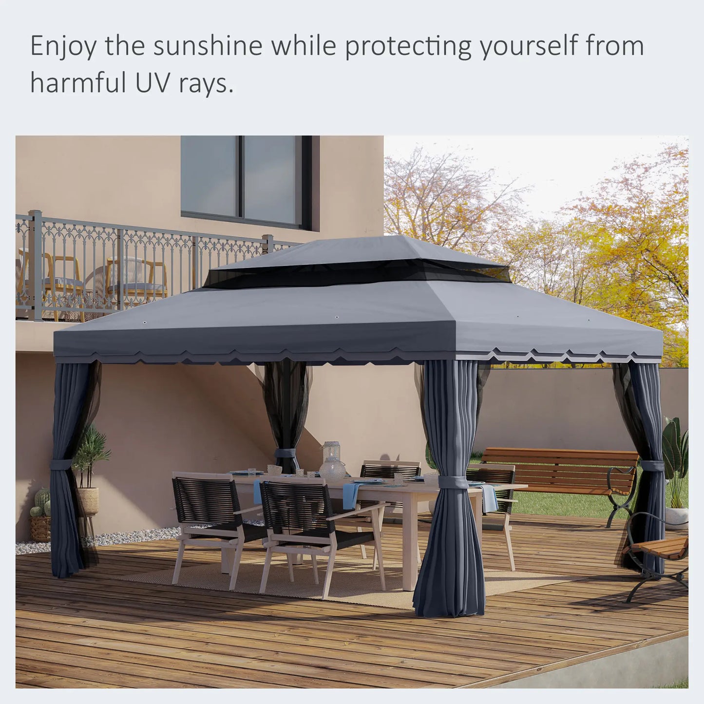 13' x 10' Patio Gazebo, Double Roof Canopy Shelter with Netting, Dark Grey Gazebos at Gallery Canada