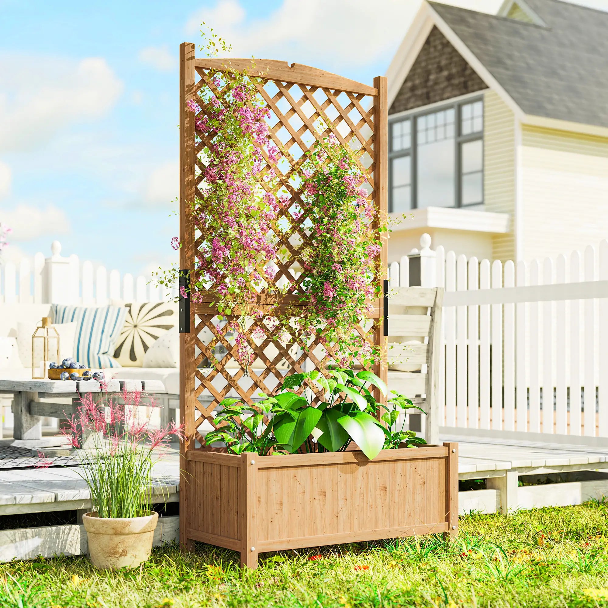 Wooden Raised Garden Bed With Trellis, 35.4
