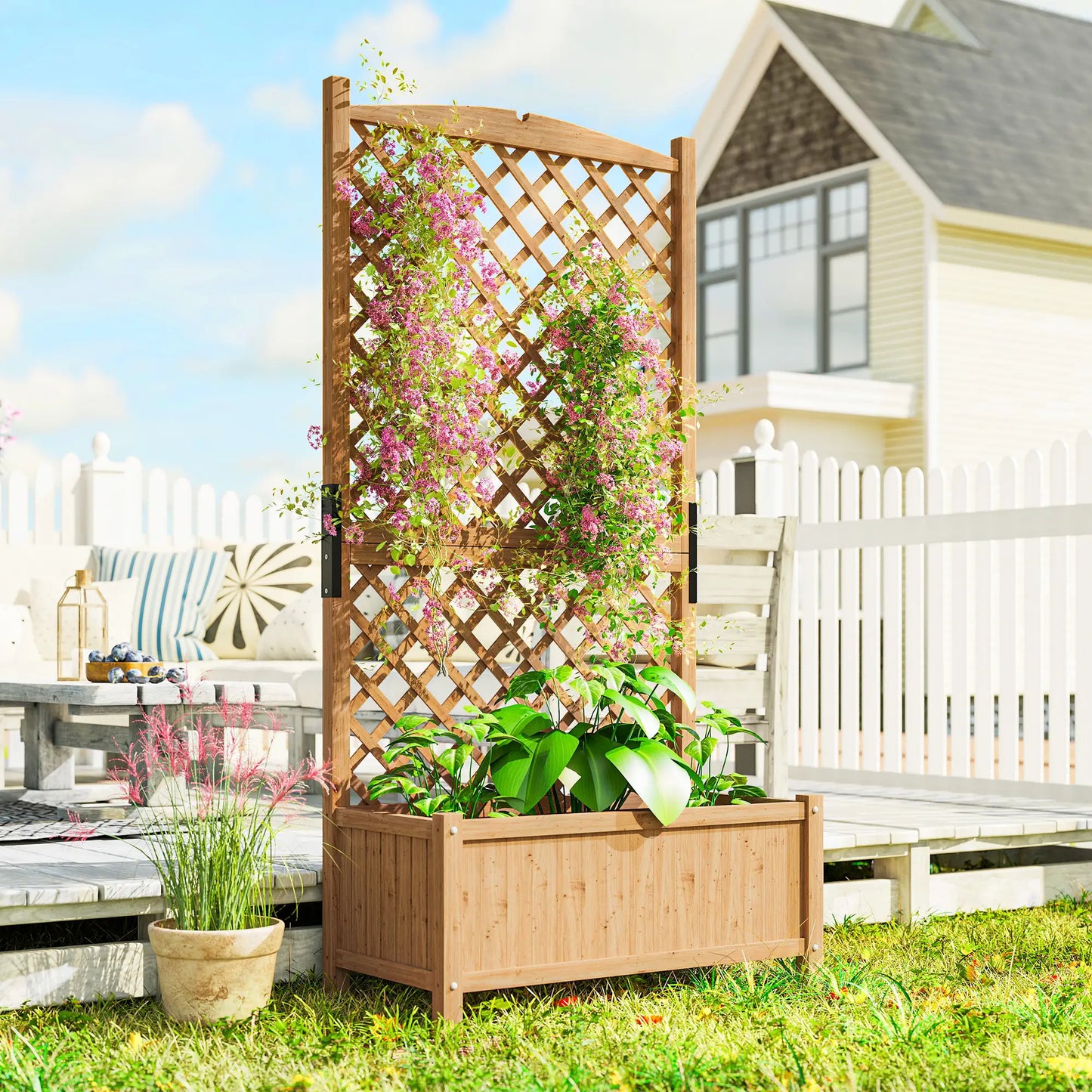 Wooden Raised Garden Bed With Trellis, 35.4" x 17.7" x 70.9", Yellow Wooden Planter Boxes at Gallery Canada