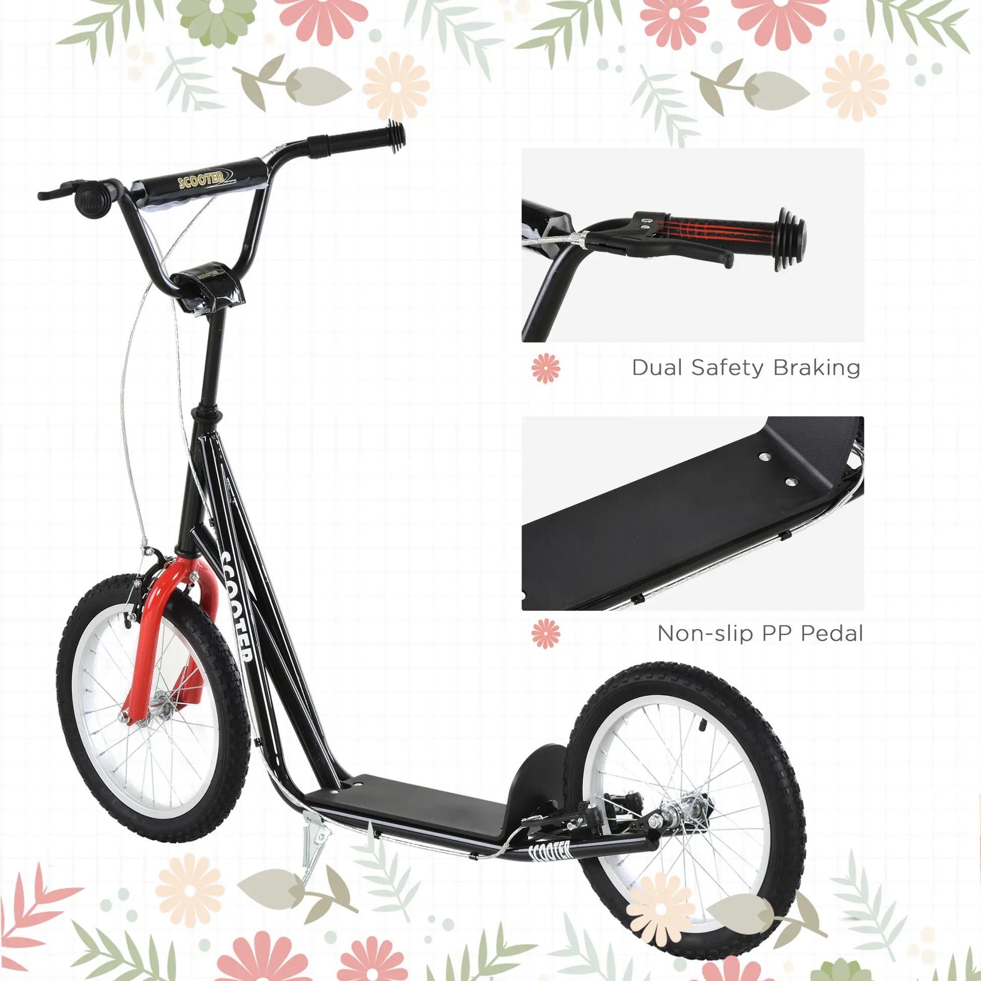 Kids Kick Scooter, 5+ Years, 16'' Inflatable Wheel, Dual Brakes, Black Scooters at Gallery Canada