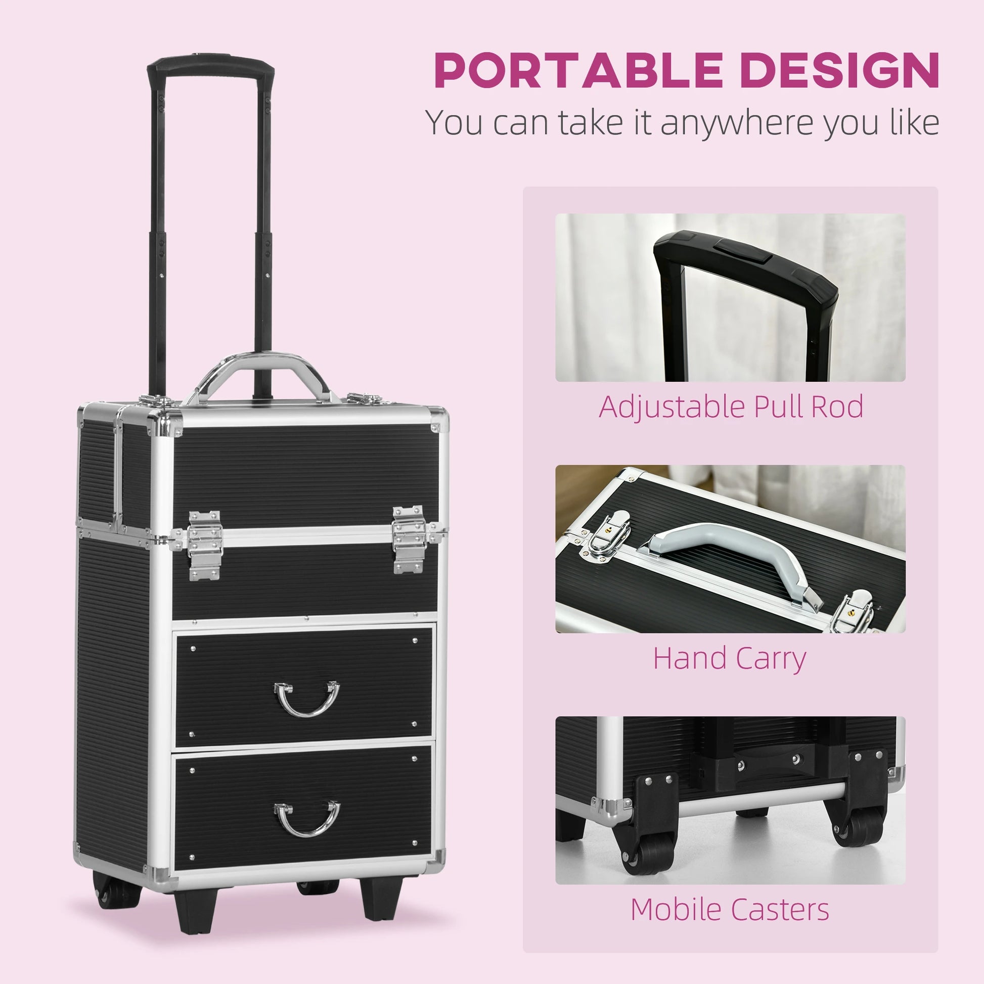 Aluminum Rolling Makeup Train Case, Lockable Travel Cart, Black Makeup Cases at Gallery Canada