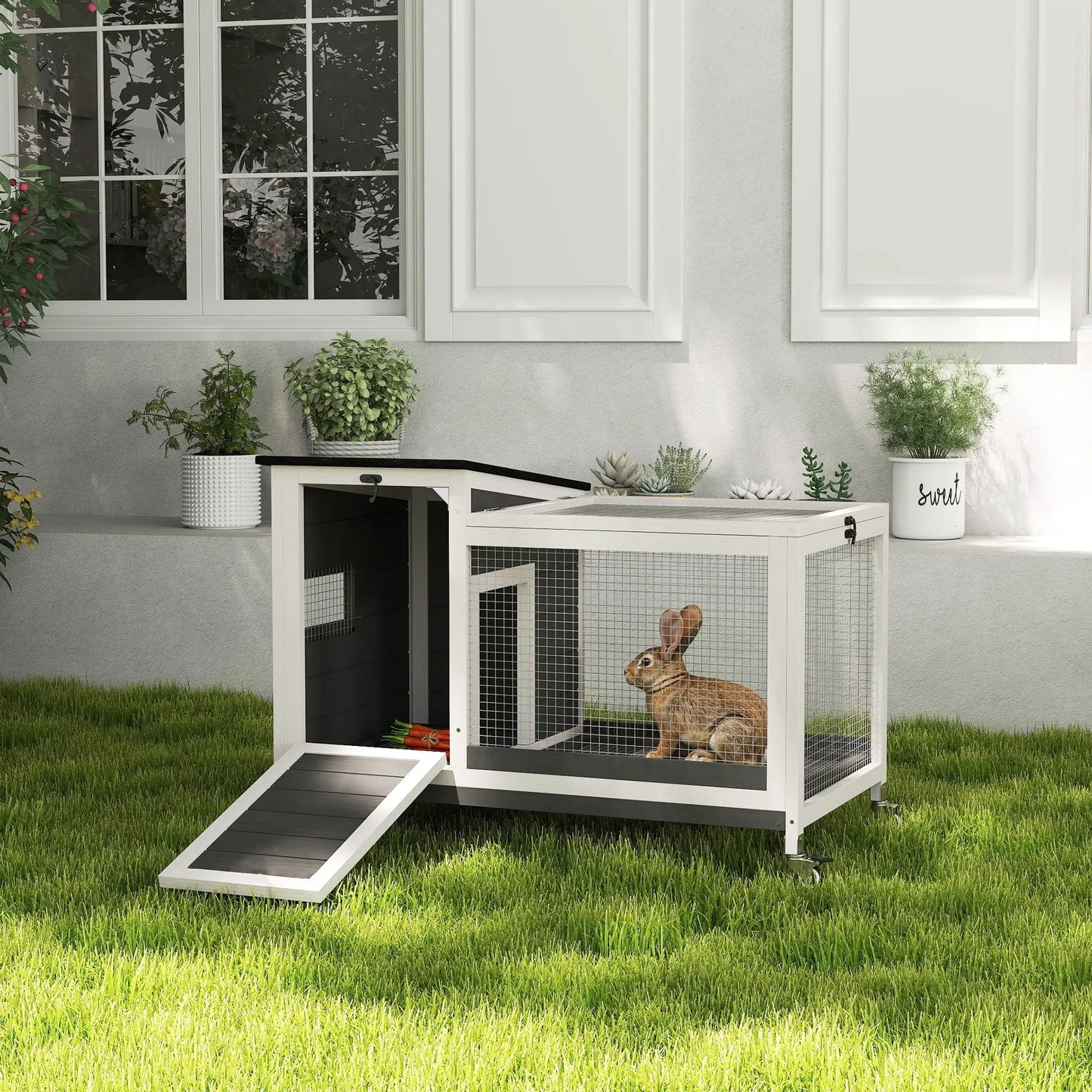 Wooden Rabbit Hutch, Pull-Out Tray, Openable Roof, Small Animal Cage on Wheels, Grey Rabbit Hutch at Gallery Canada