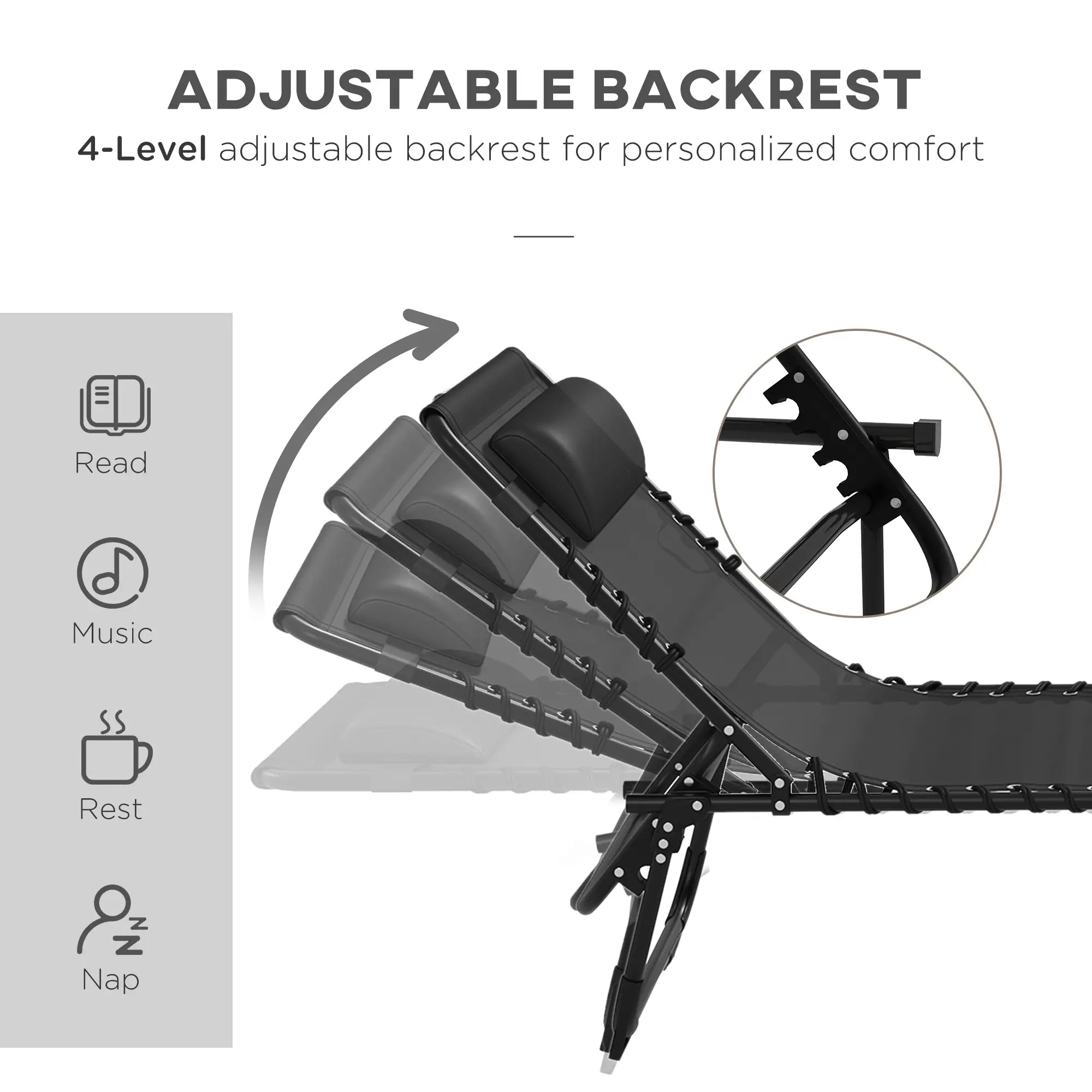 Folding Lounge Chair, Adjustable Chaise With Headrest, Black Lounger Chairs at Gallery Canada