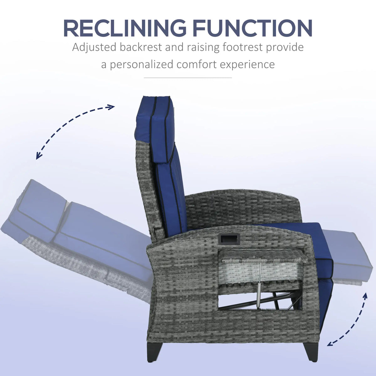 Outdoor Recliner Chair, Adjustable Backrest, Cushion, Side Tray, Dark Blue Wicker Chaise Loungers at Gallery Canada