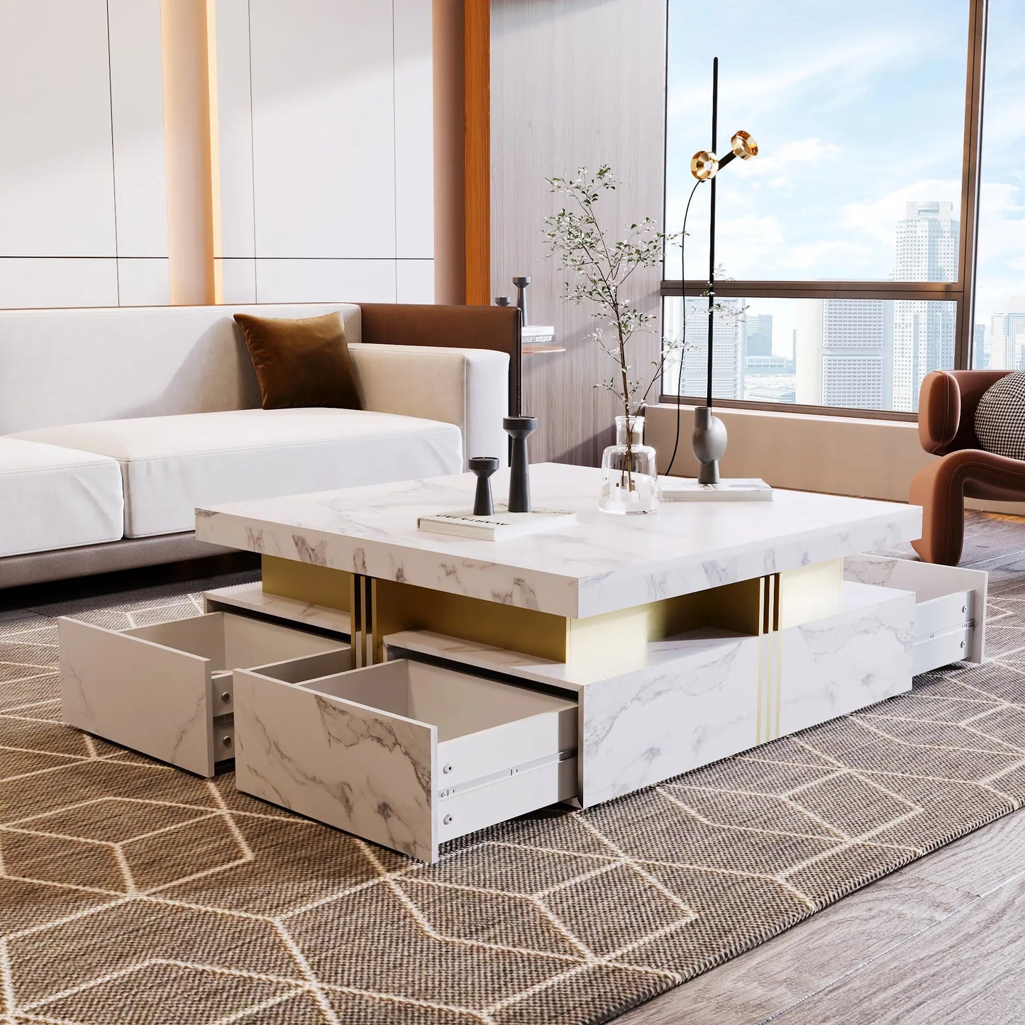Square Storage Coffee Table, 4 Drawers, MDF, 33.5" L x 33.5" W x 16.5" H, White Coffee Tables at Gallery Canada