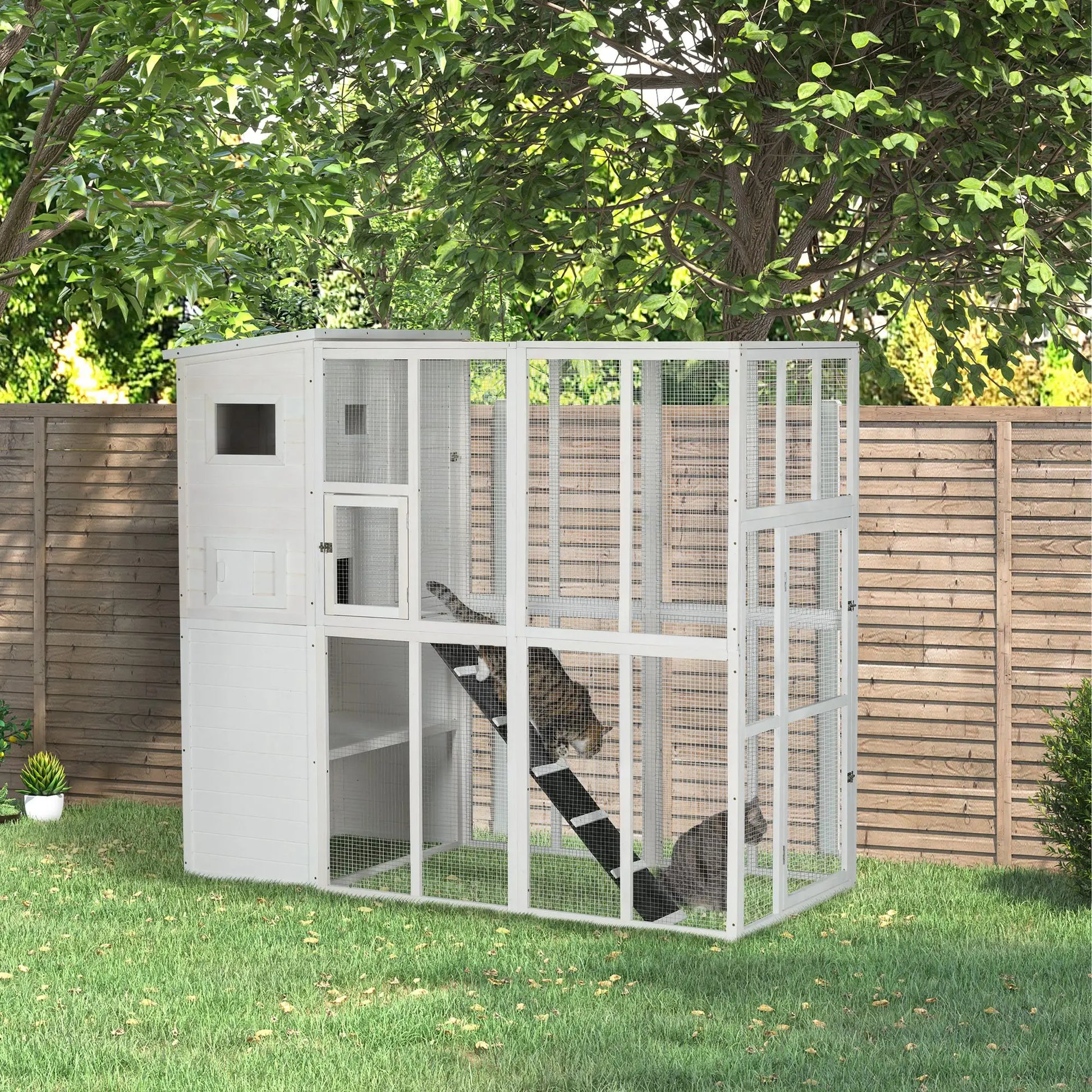 68.7" H Large Wooden Outdoor Cat House with Run, Catio, Condo, White Outdoor Cat Enclosures at Gallery Canada