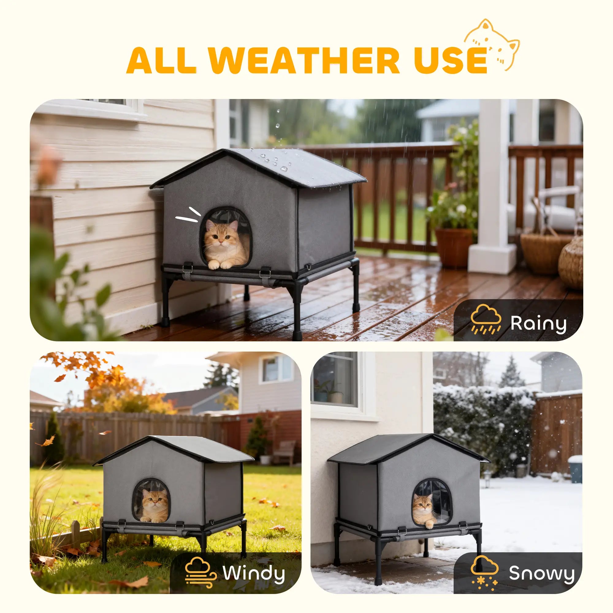 Outdoor Cat House, Waterproof Insulated Cat Kennel with Elevated Base, Foldable Feral Kitty Shelter for Kittens, Grey Cat Houses at Gallery Canada