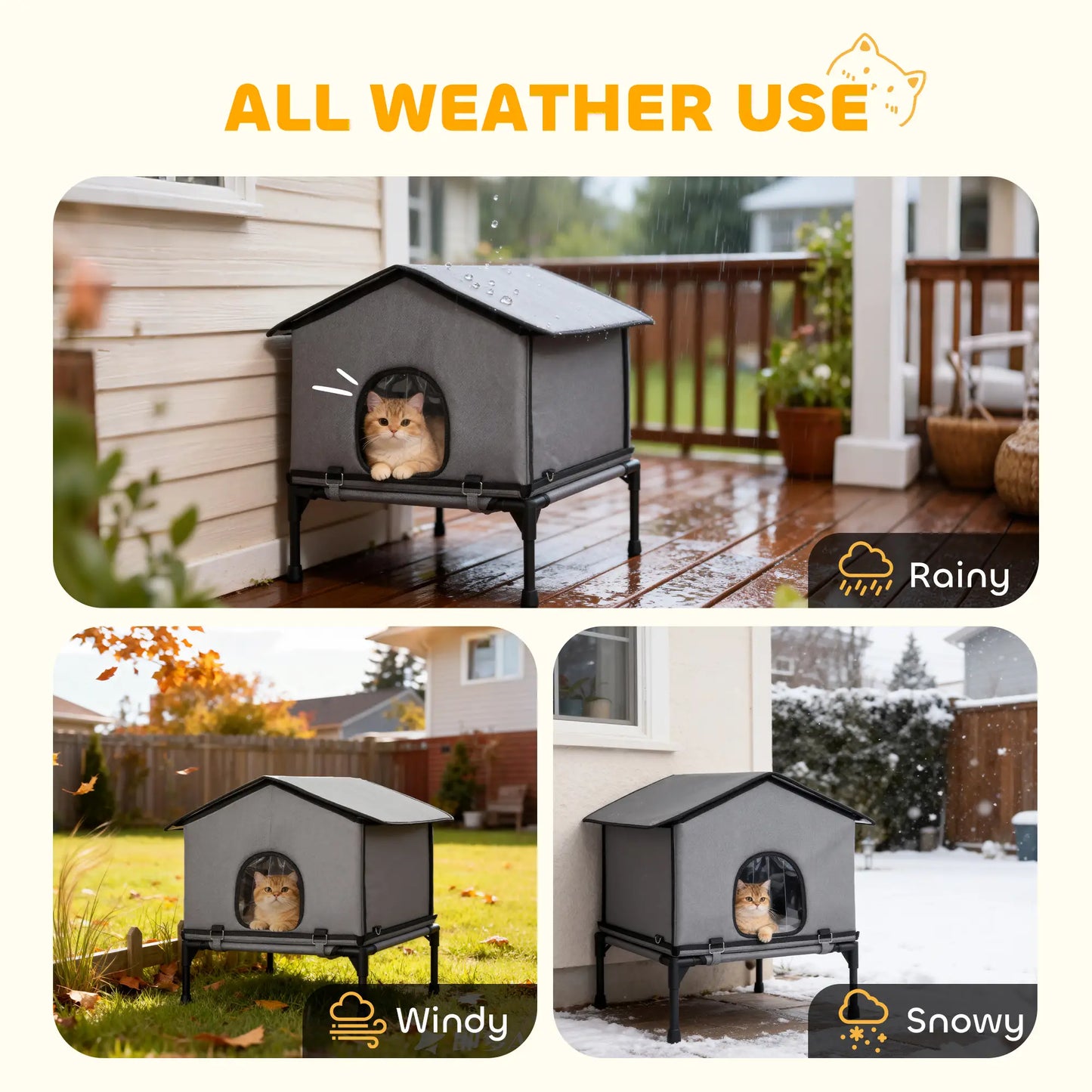 Outdoor Cat House, Waterproof Insulated Cat Kennel with Elevated Base, Foldable Feral Kitty Shelter for Kittens, Grey Cat Houses at Gallery Canada