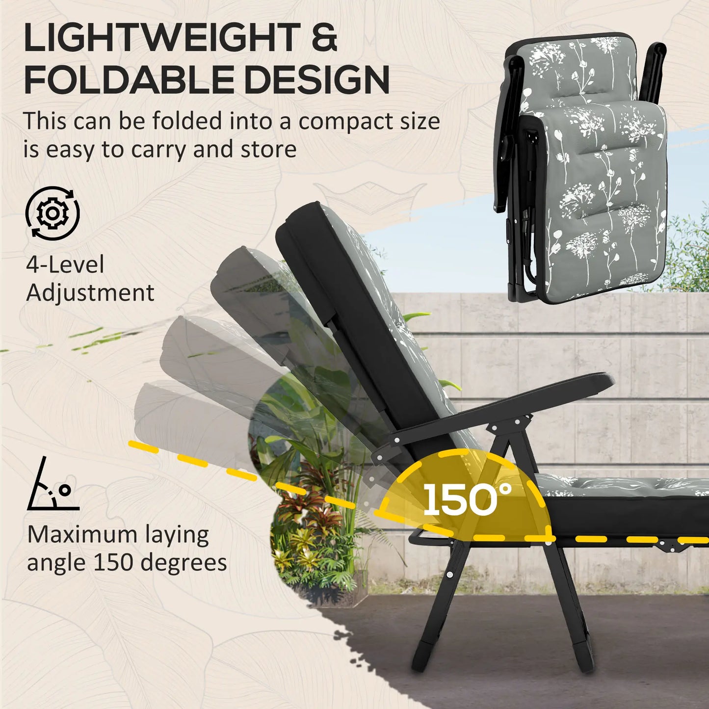 Outdoor Lounge Chair with Padded Cushion, Folding Reclining, Grey Lounger Chairs at Gallery Canada