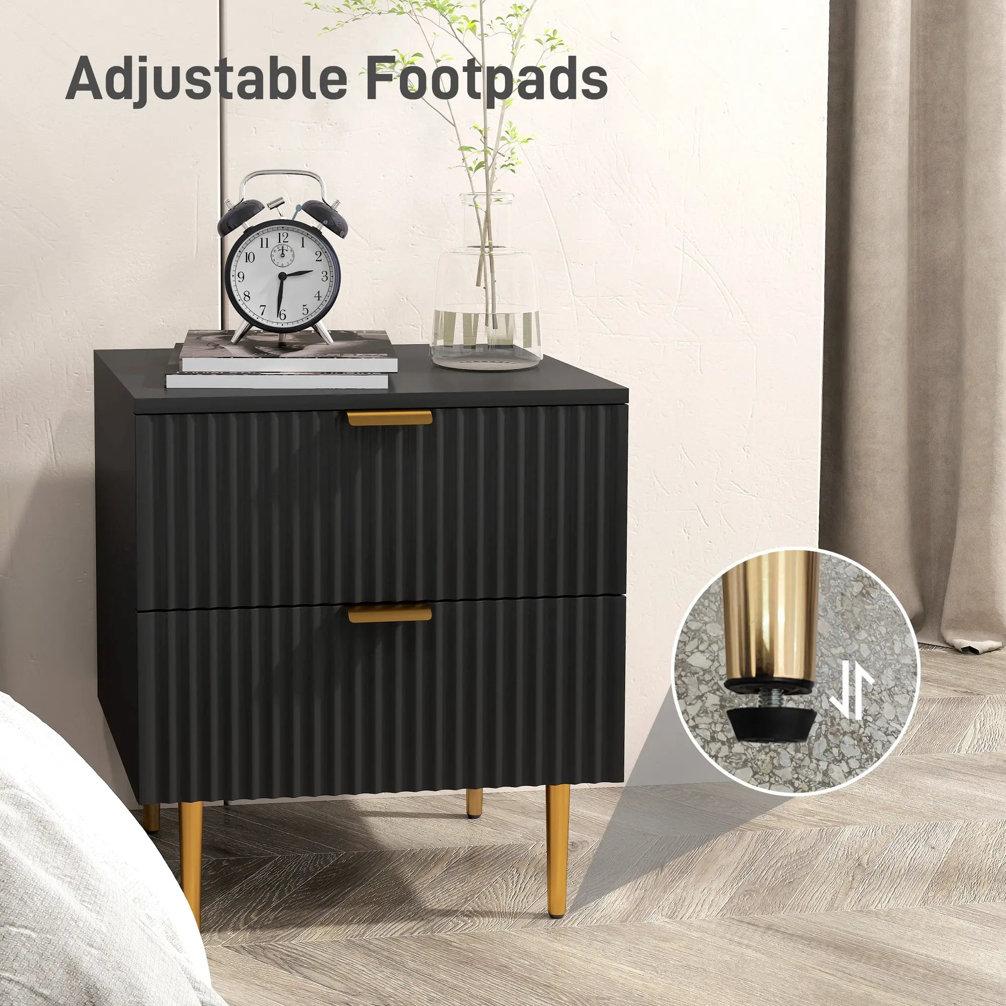 Modern Nightstand, 2 Drawers, Metal Legs, Black Bedside Tables at Gallery Canada