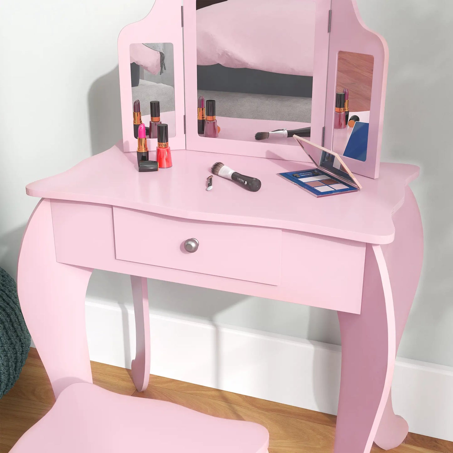 Kids Vanity Table and Stool, Makeup Set with Tri-Folding Mirrors, Pink Kids Bedroom Furniture at Gallery Canada