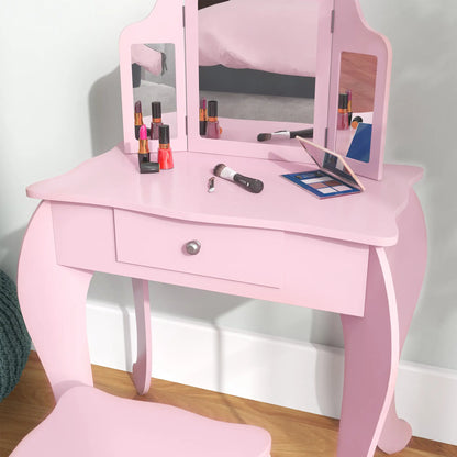 Kids Vanity Table and Stool, Makeup Set with Tri-Folding Mirrors, Pink Kids Bedroom Furniture at Gallery Canada