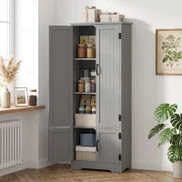 60" 4-Door Storage Cabinet, Multi-Storey Pantry, Adjustable Shelves, Grey, Grey