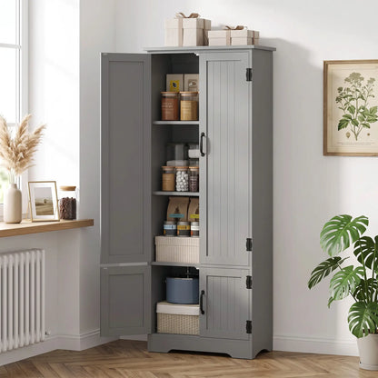60" 4-Door Storage Cabinet, Multi-Storey Pantry, Adjustable Shelves, Grey, Grey
