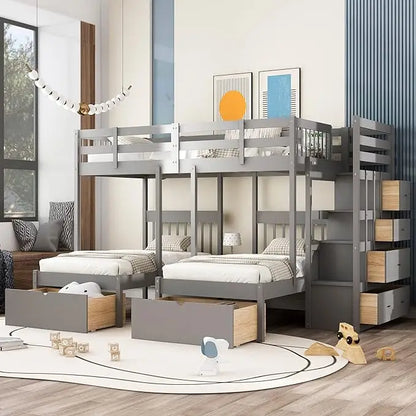 Twin Over Full Bunk Bed with Drawers, Guardrails, Pine Frame, 115" L x 76" W x 64.5" H, Grey Bed Frames at Gallery Canada