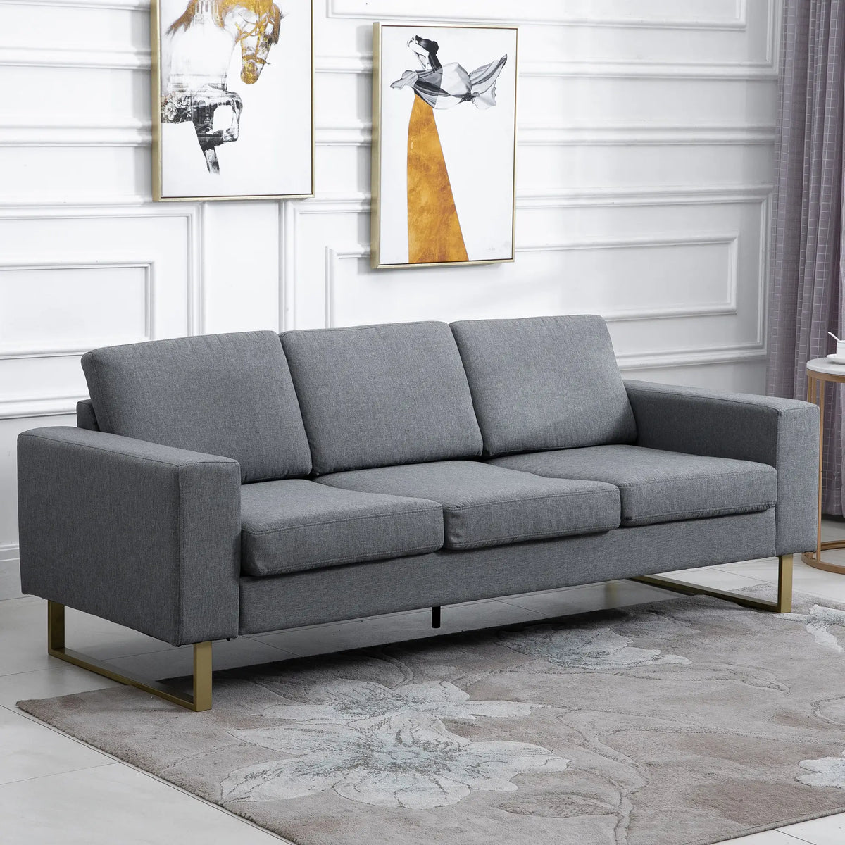 3 Seater Sofa, Linen Upholstered, Steel Leg, Wide Armrest, Grey 3-Seater Sofas at Gallery Canada