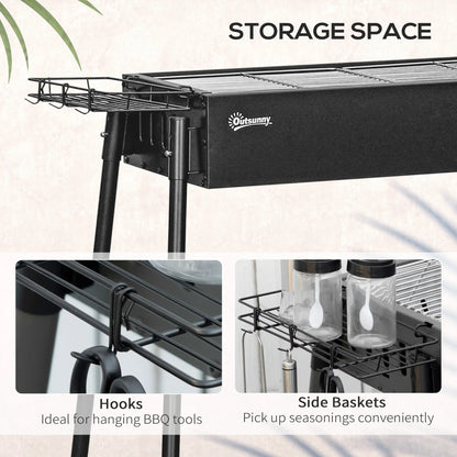 Portable Charcoal Grill With Side Baskets, Hooks, Nets, Black