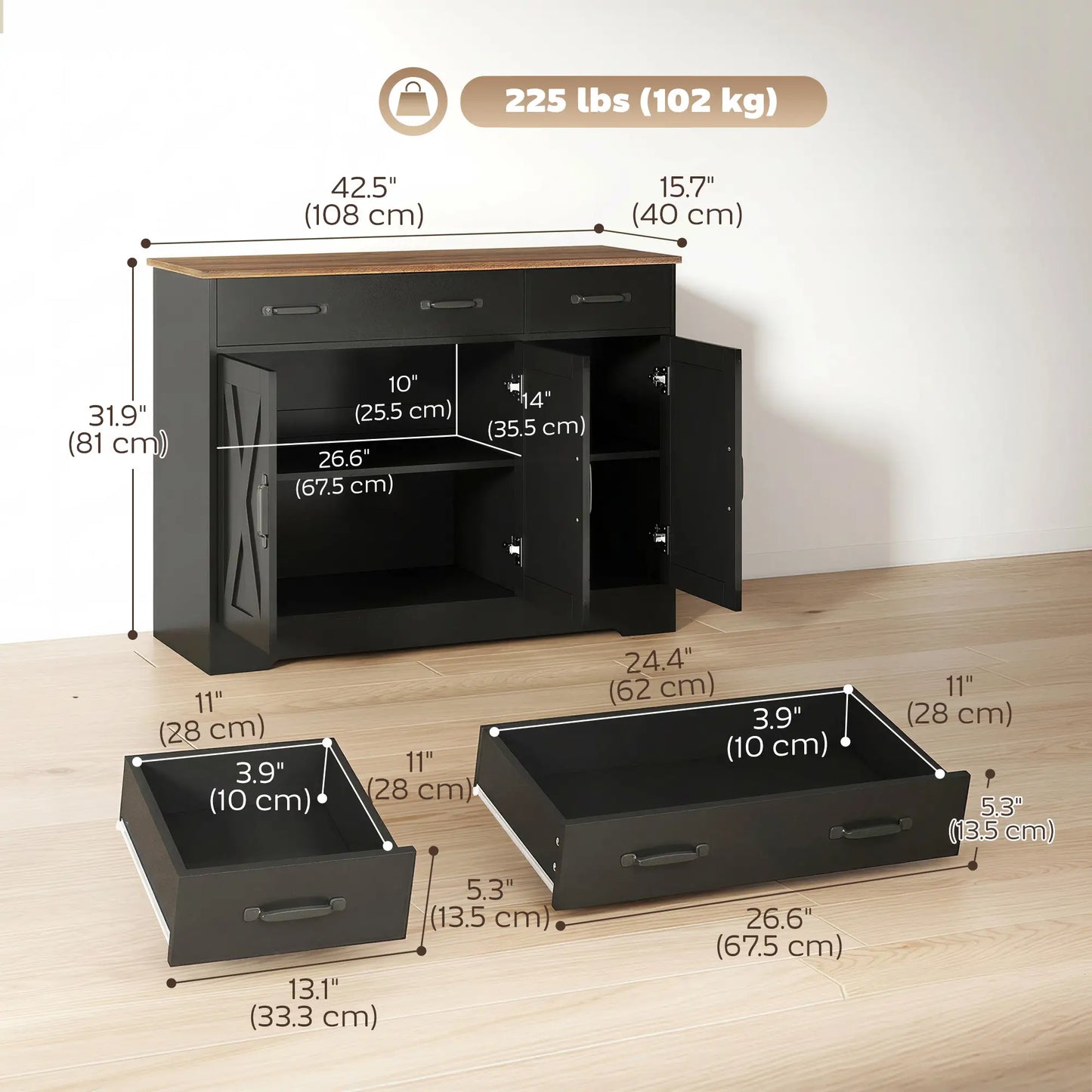 43" Sideboard Buffet Cabinet, 3 Barn Doors, 2 Drawers, Black Bar Cabinets at Gallery Canada