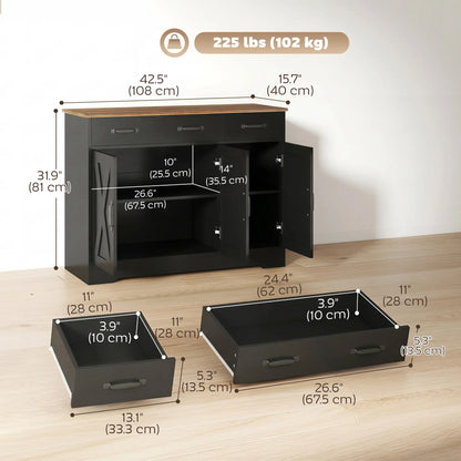 43" Sideboard Buffet Cabinet, 3 Barn Doors, 2 Drawers, Black Bar Cabinets at Gallery Canada