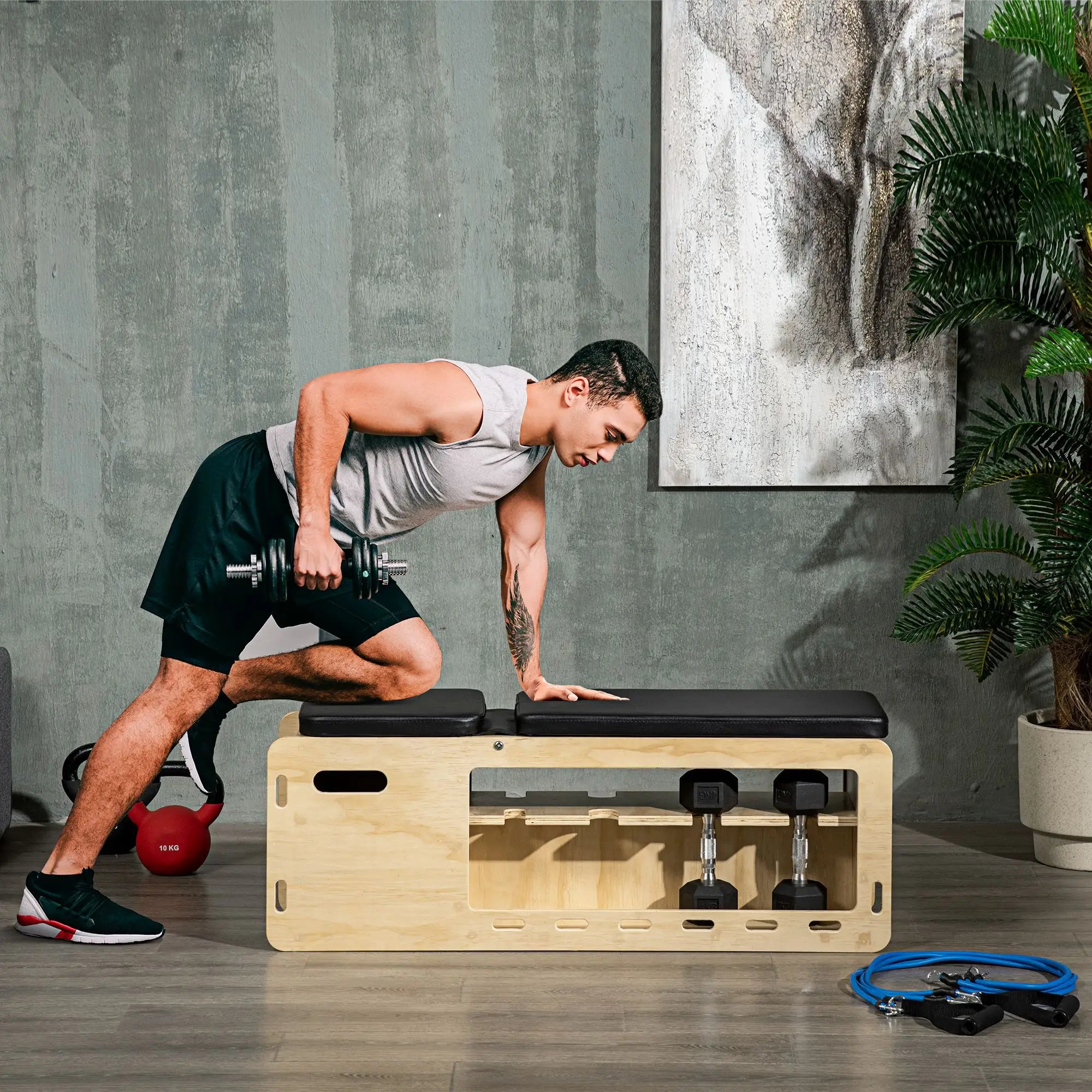Adjustable Incline Wooden Workout Bench, Dumbbell Rack, Resistance Bands Weight Benches at Gallery Canada