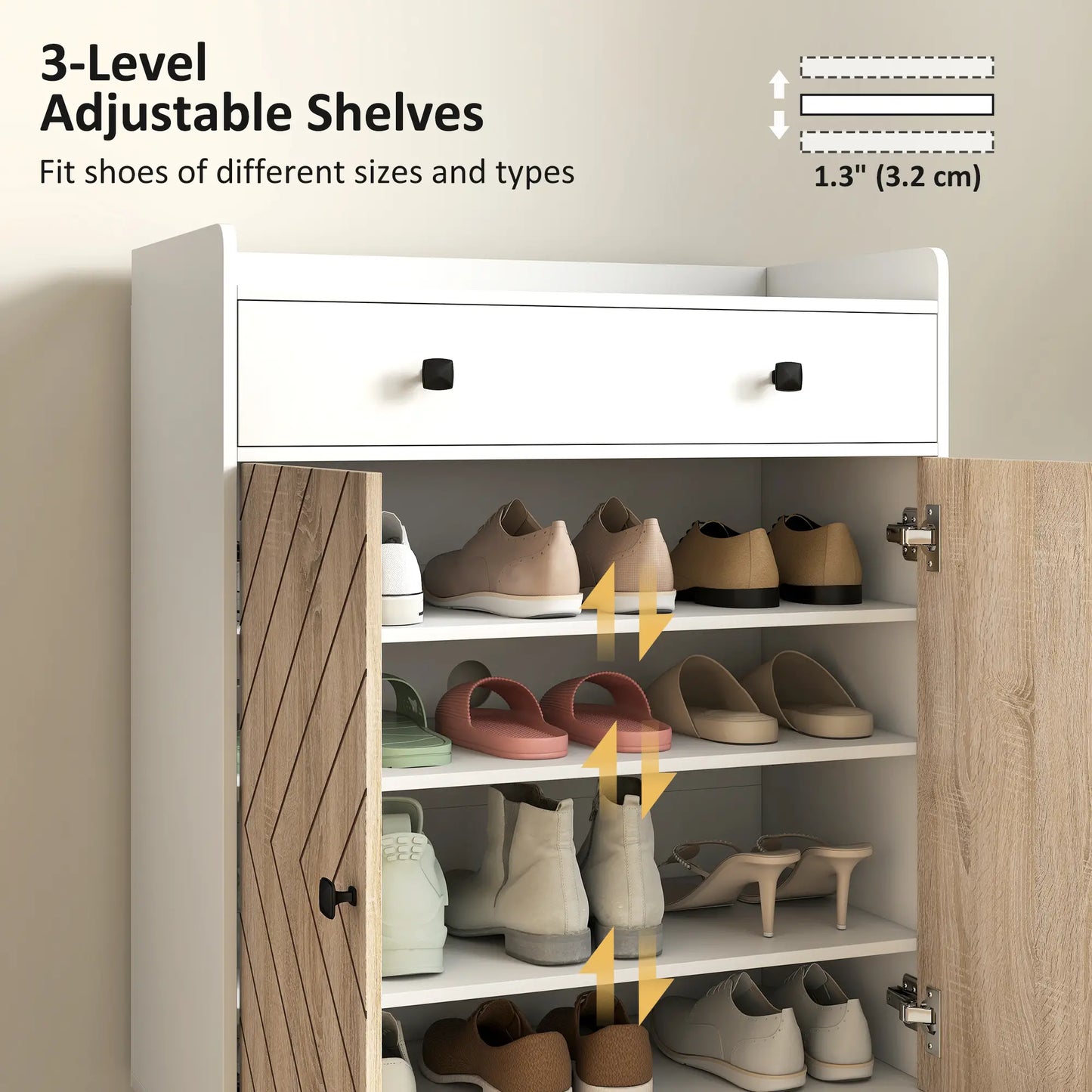 Modern Shoe Storage Cabinet, Adjustable Shelves, Drawer for 12 Pairs, White Shoe Storage Cabinets & Racks at Gallery Canada