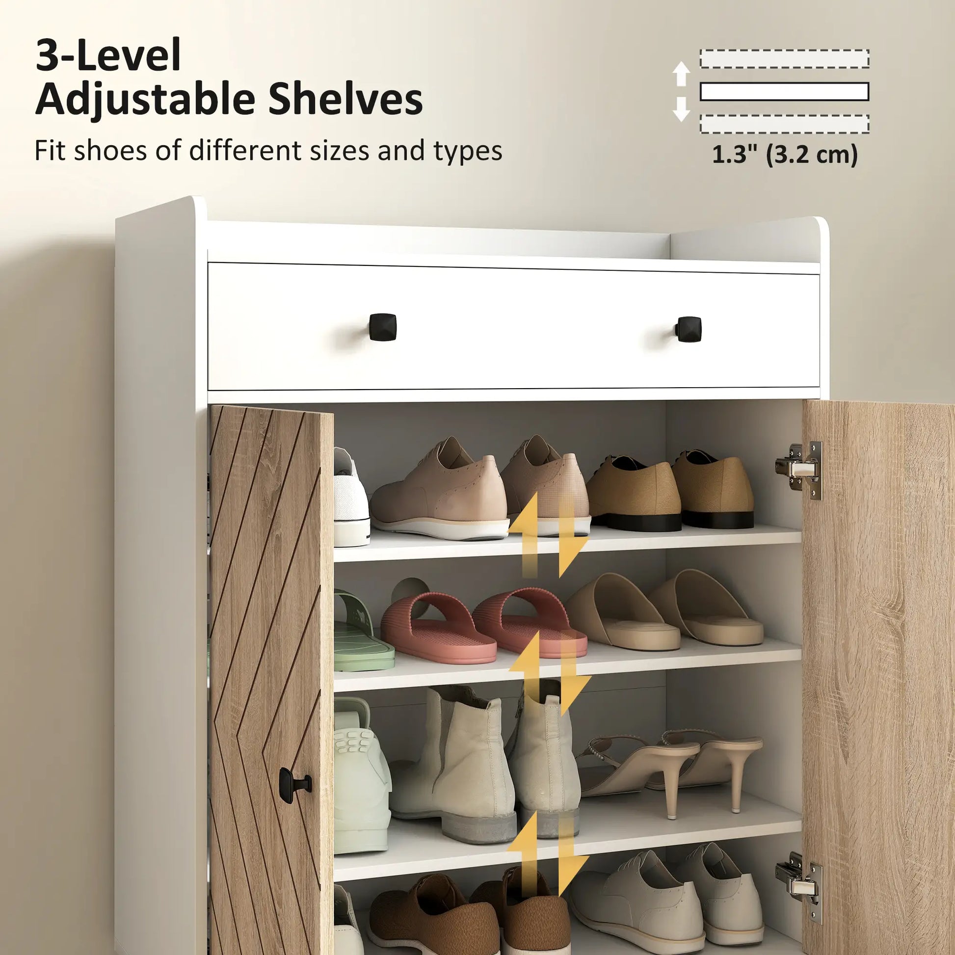 Modern Shoe Storage Cabinet, Adjustable Shelves, Drawer for 12 Pairs, White Shoe Storage Cabinets & Racks at Gallery Canada