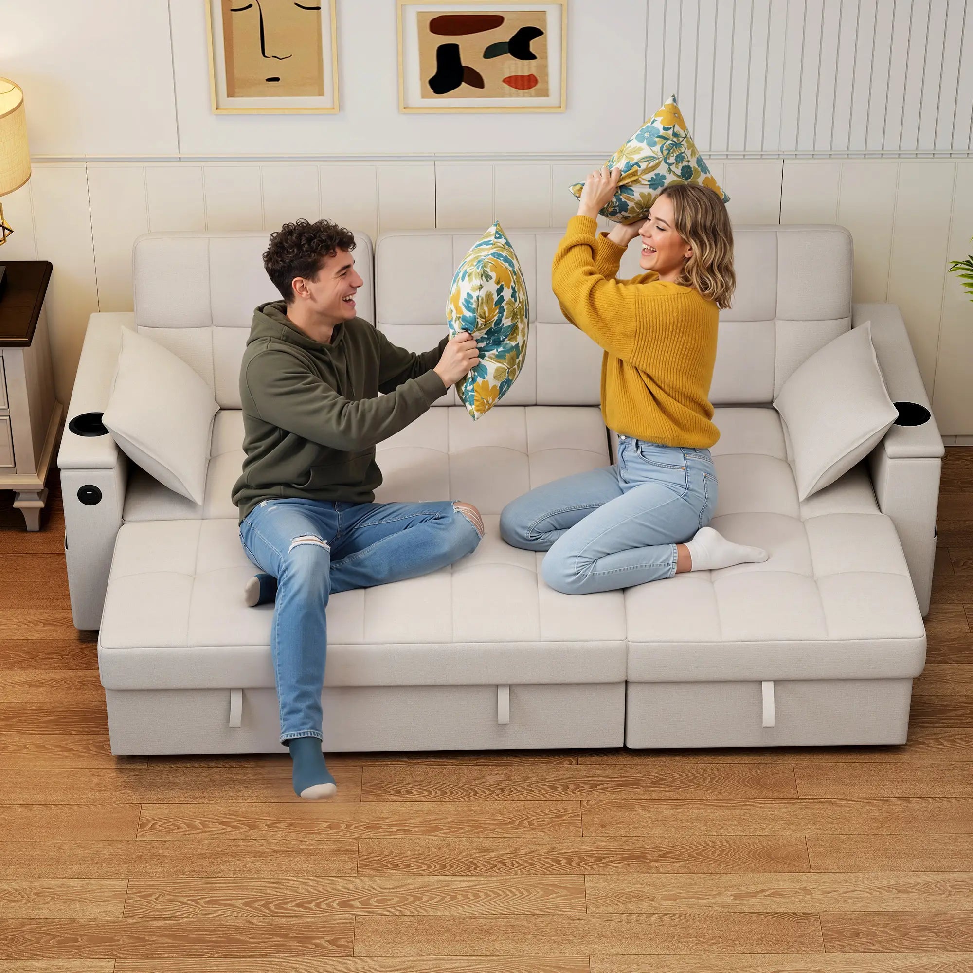 Convertible Sectional Sofa Bed, Pull Out Sleeper With USB‑A+C, Chaise Storage, L-Shaped Futon, Beige Sofas & Reclining Chairs at Gallery Canada