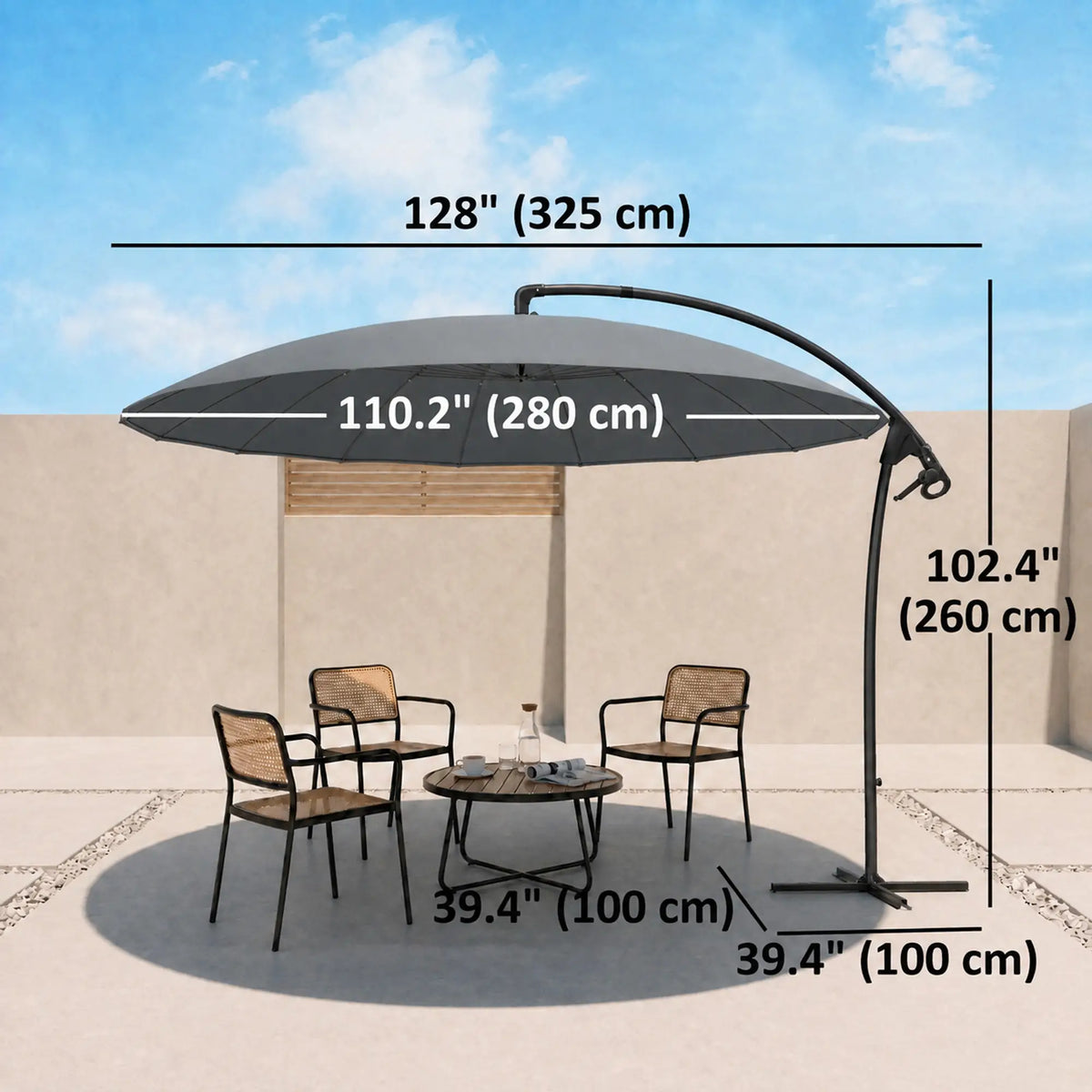 Parapluie Cantilever 9FT, 16 Côtes en Fibre de Verre, Suspension Décalée, Gris