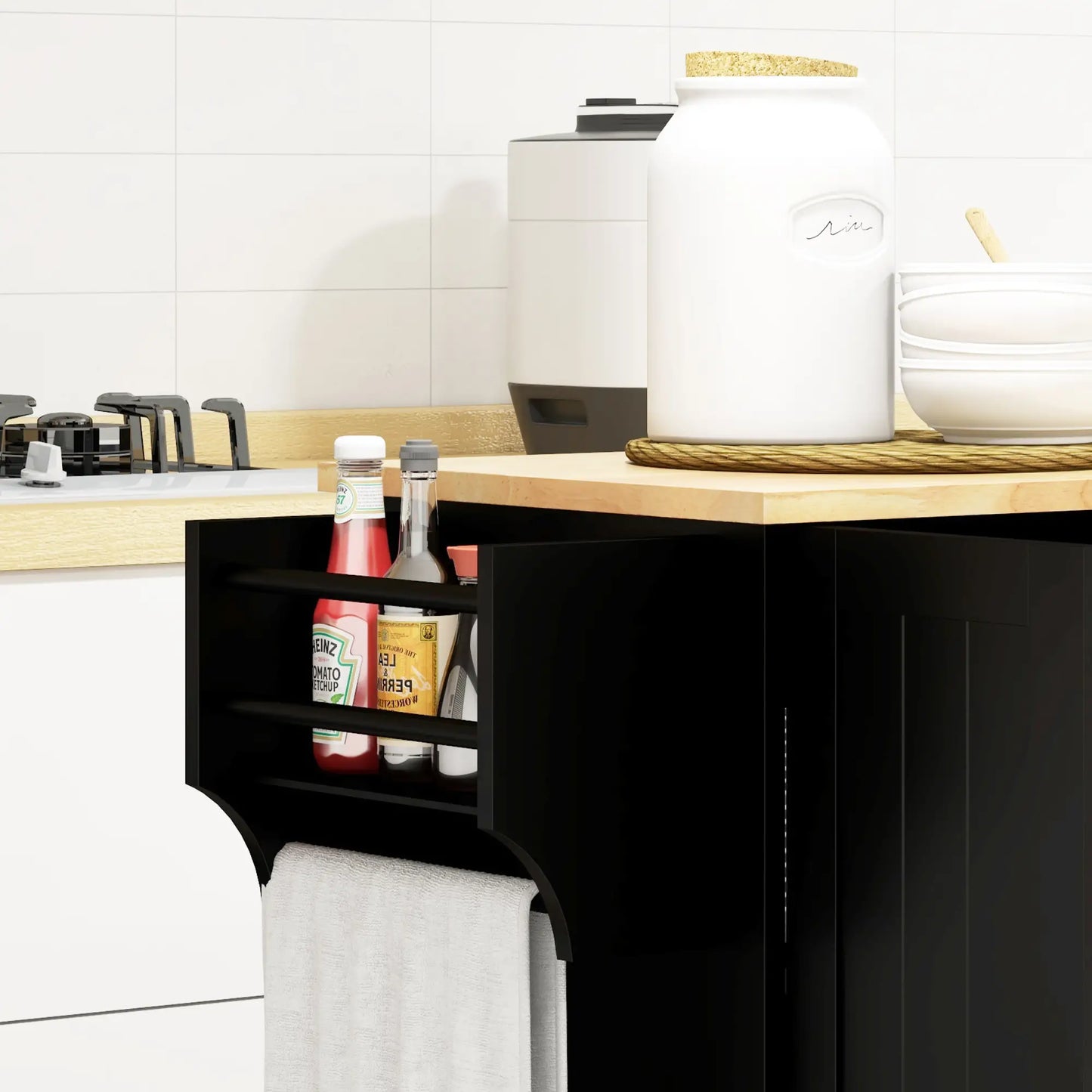 Modern Rolling Kitchen Island Cart, Natural Wood Top, Black, Black Kitchen Islands & Kitchen Carts at Gallery Canada