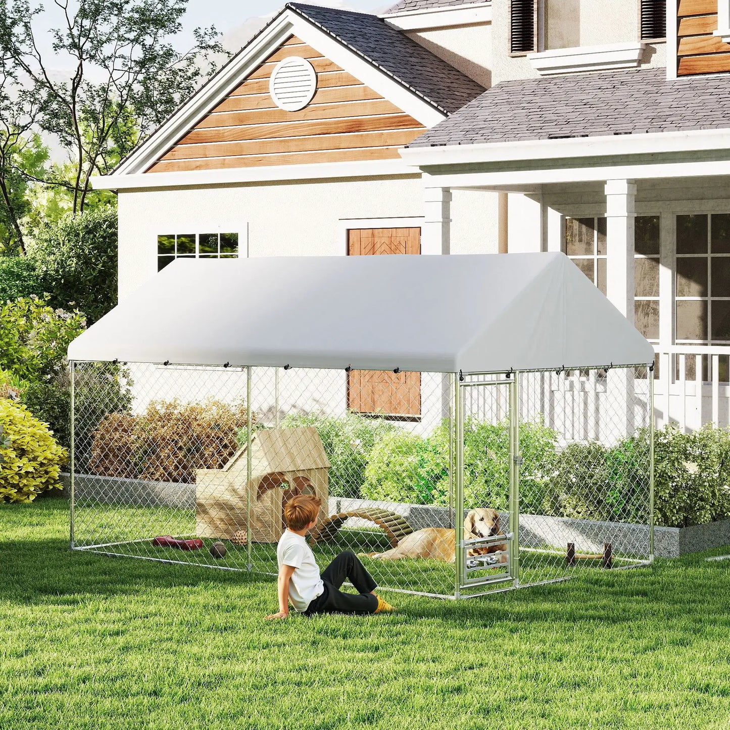 Outdoor Dog Run, Adjustable Bowls, Waterproof Cover, Escape-Proof Lock, 13.1' x 7.5' x 7.5' Houses, Kennels & Pens at Gallery Canada