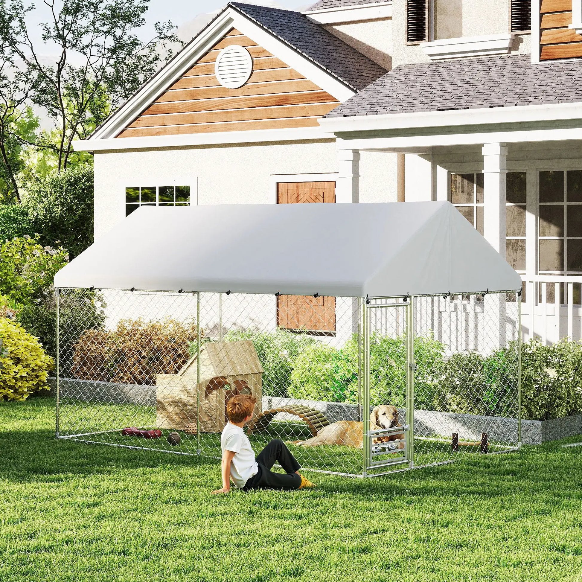 Outdoor Dog Run, Adjustable Bowls, Waterproof Cover, Escape-Proof Lock, 13.1' x 7.5' x 7.5' Houses, Kennels & Pens at Gallery Canada