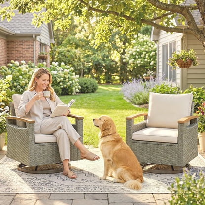 Patio Swivel Chairs Set Of 2, PE Rattan Wicker Chair, Cream White Patio Chairs at Gallery Canada