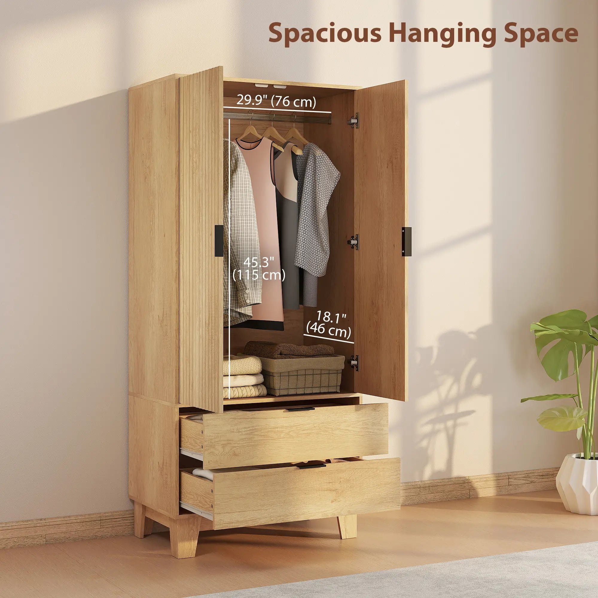 Modern Wardrobe Closet, Freestanding Armoire, 2 Drawers, Hanging Rod, Natural Clothing Storage at Gallery Canada