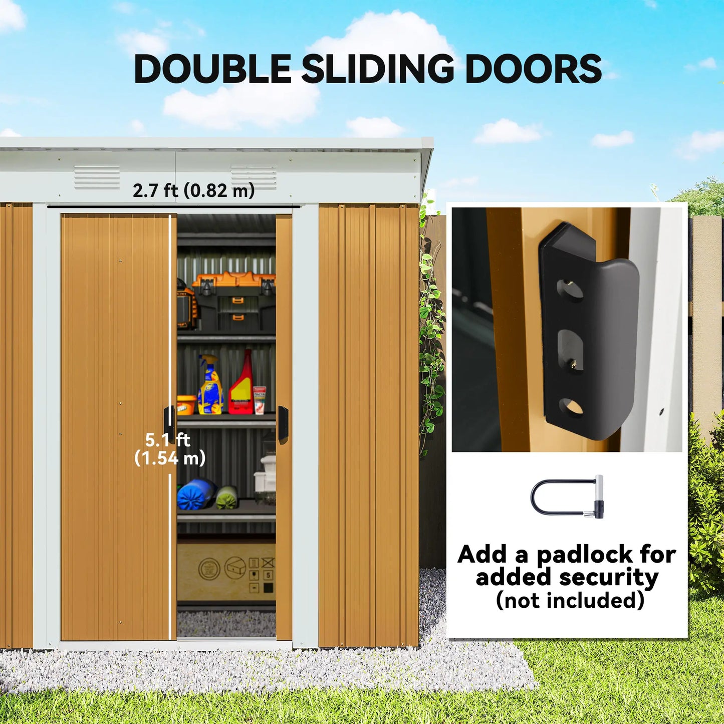 Abri de stockage extérieur en métal jaune 6' x 4', portes coulissantes verrouillables, jaune