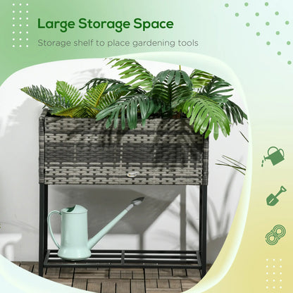 Rattan Raised Garden Box, Elevated Flower Bed with Shelf, Mixed Grey, Grey Plant Stands at Gallery Canada