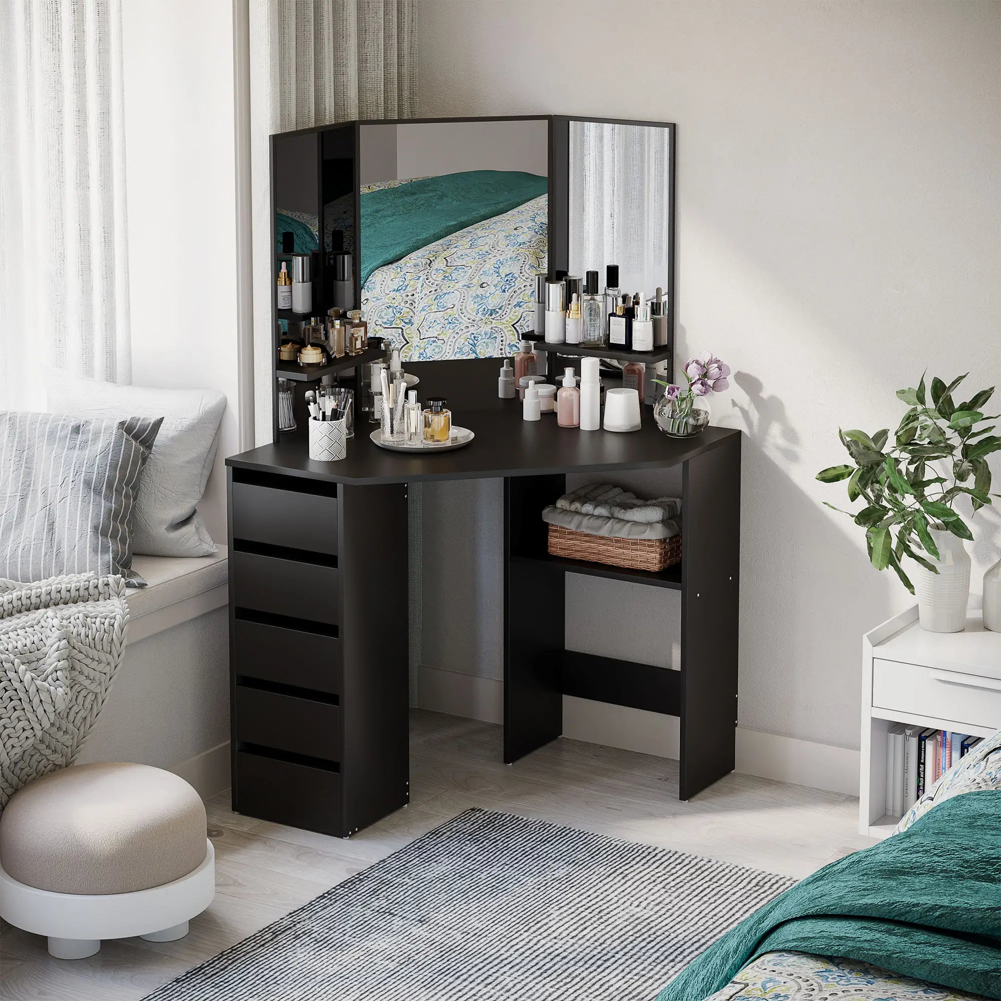 Corner Vanity Desk with Mirror, 5 Drawers, 3-Piece Mirror, Black Dressing & Vanity Tables at Gallery Canada