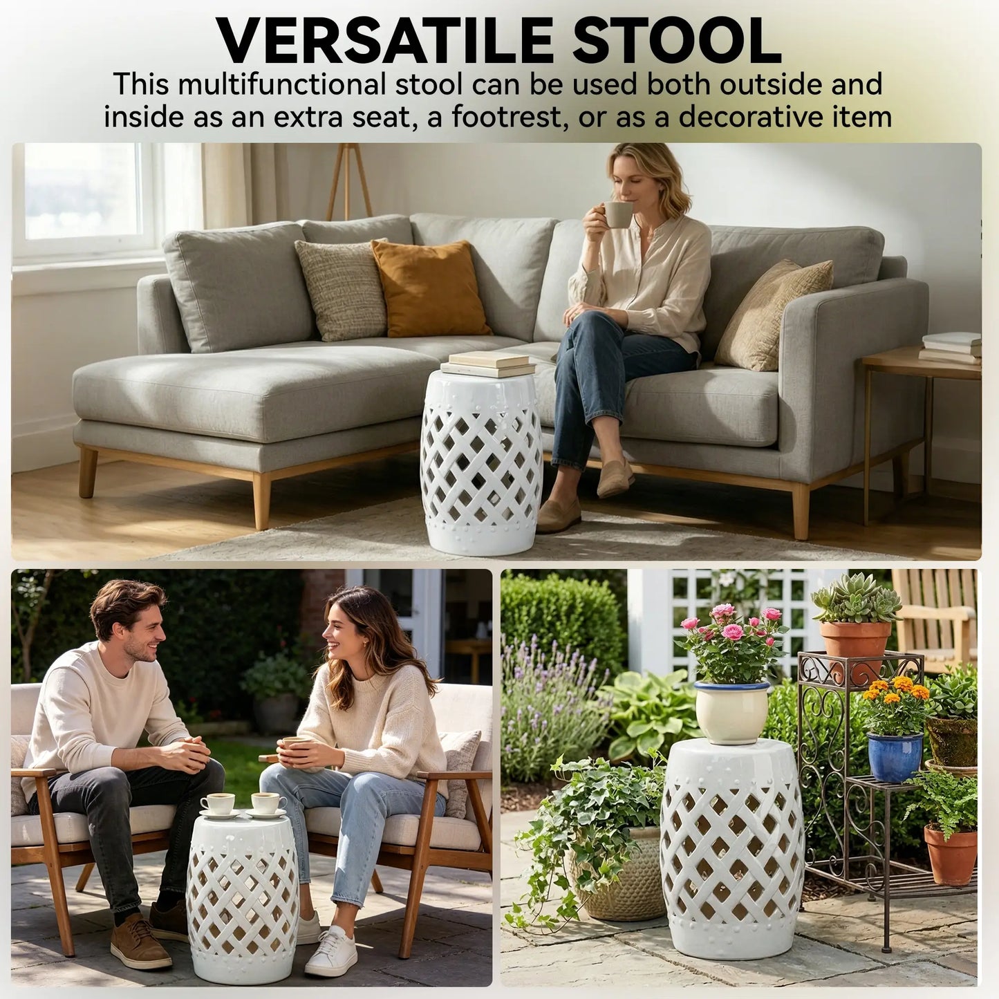 18" Ceramic Garden Stool, Woven Lattice Design, Indoor Outdoor, White Patio Chairs at Gallery Canada
