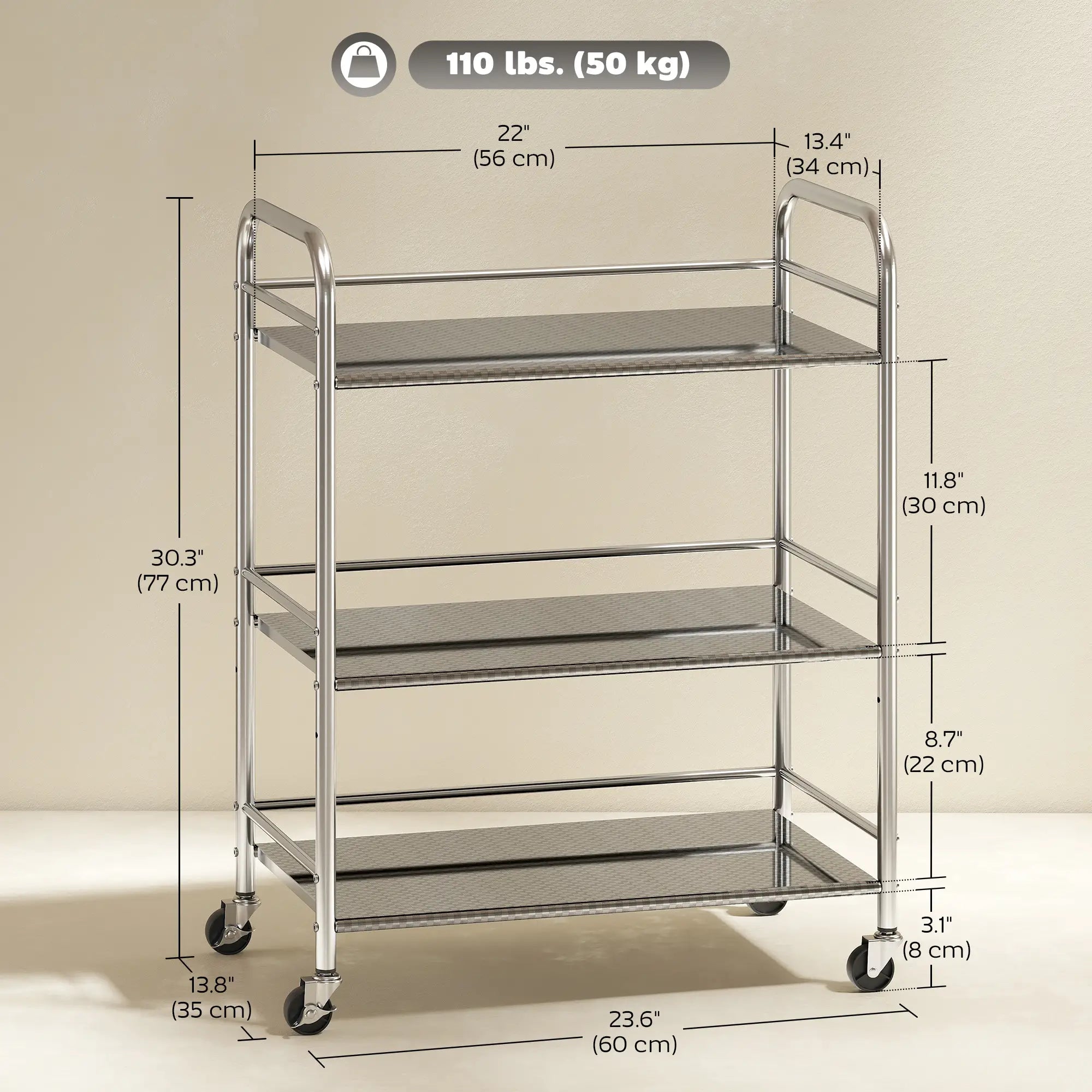 3 Tier Stainless Steel Rolling Cart, Adjustable Shelf, Wheels, Silver Kitchen Islands & Kitchen Carts at Gallery Canada