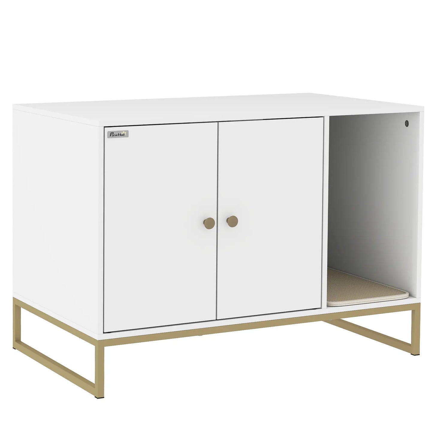 Cat Litter Box Enclosure, Tall Legs, Litter Mat, 31.5" x 20" x 22", White Cat Litter Box Enclosures White, Gold at Gallery Canada