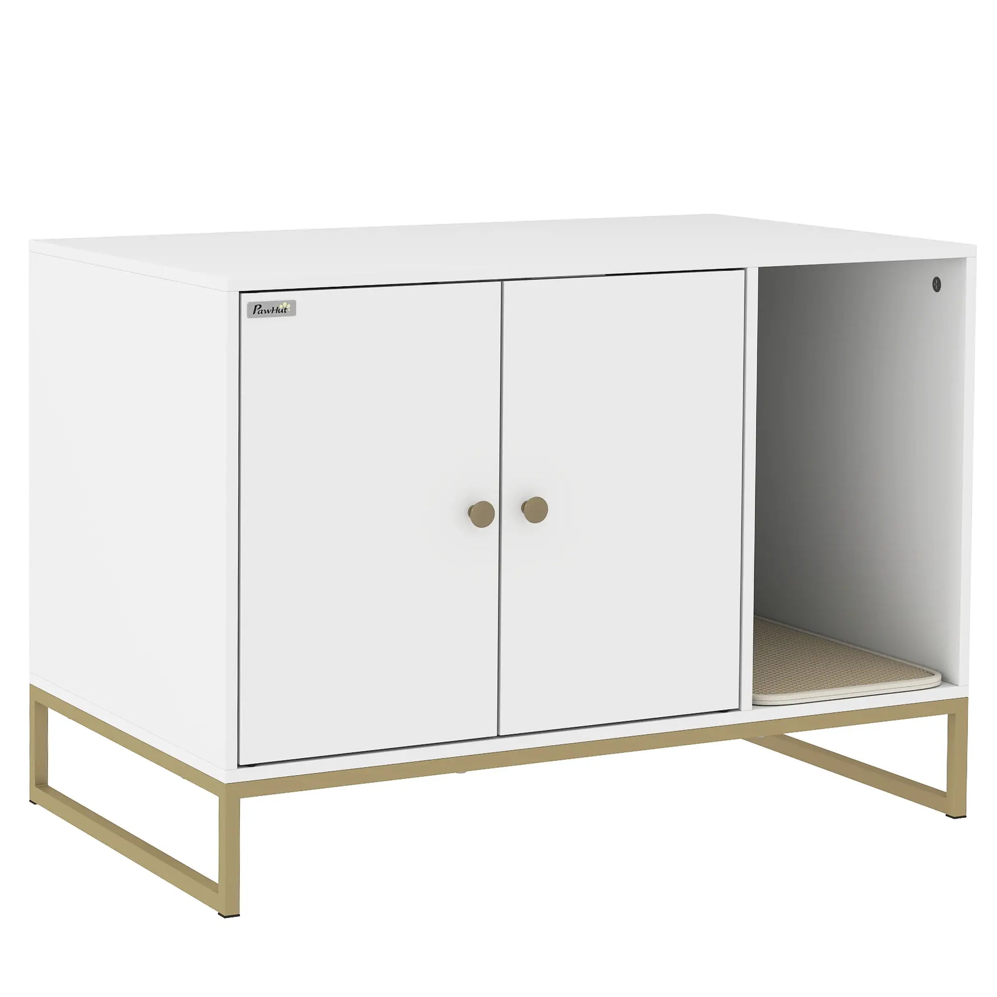 Cat Litter Box Enclosure, Tall Legs, Litter Mat, 31.5" x 20" x 22", White Cat Litter Box Enclosures White, Gold at Gallery Canada