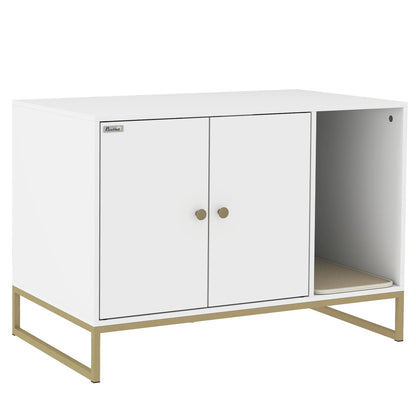 Cat Litter Box Enclosure, Tall Legs, Litter Mat, 31.5" x 20" x 22", White Cat Litter Box Enclosures White, Gold at Gallery Canada