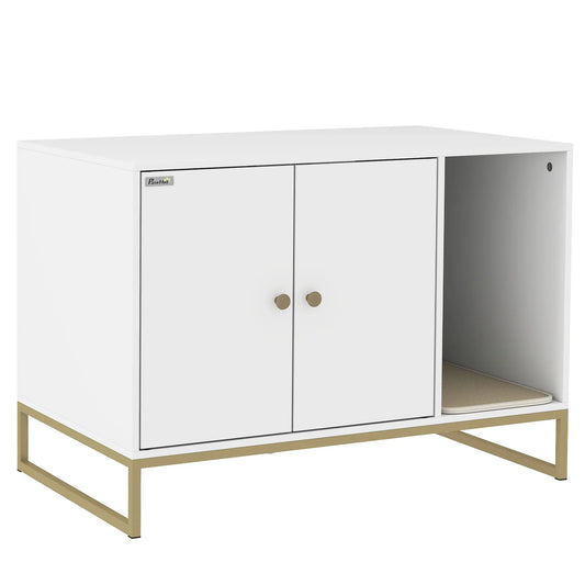 Cat Litter Box Enclosure, Tall Legs, Litter Mat, 31.5" x 20" x 22", White Cat Litter Box Enclosures White, Gold at Gallery Canada