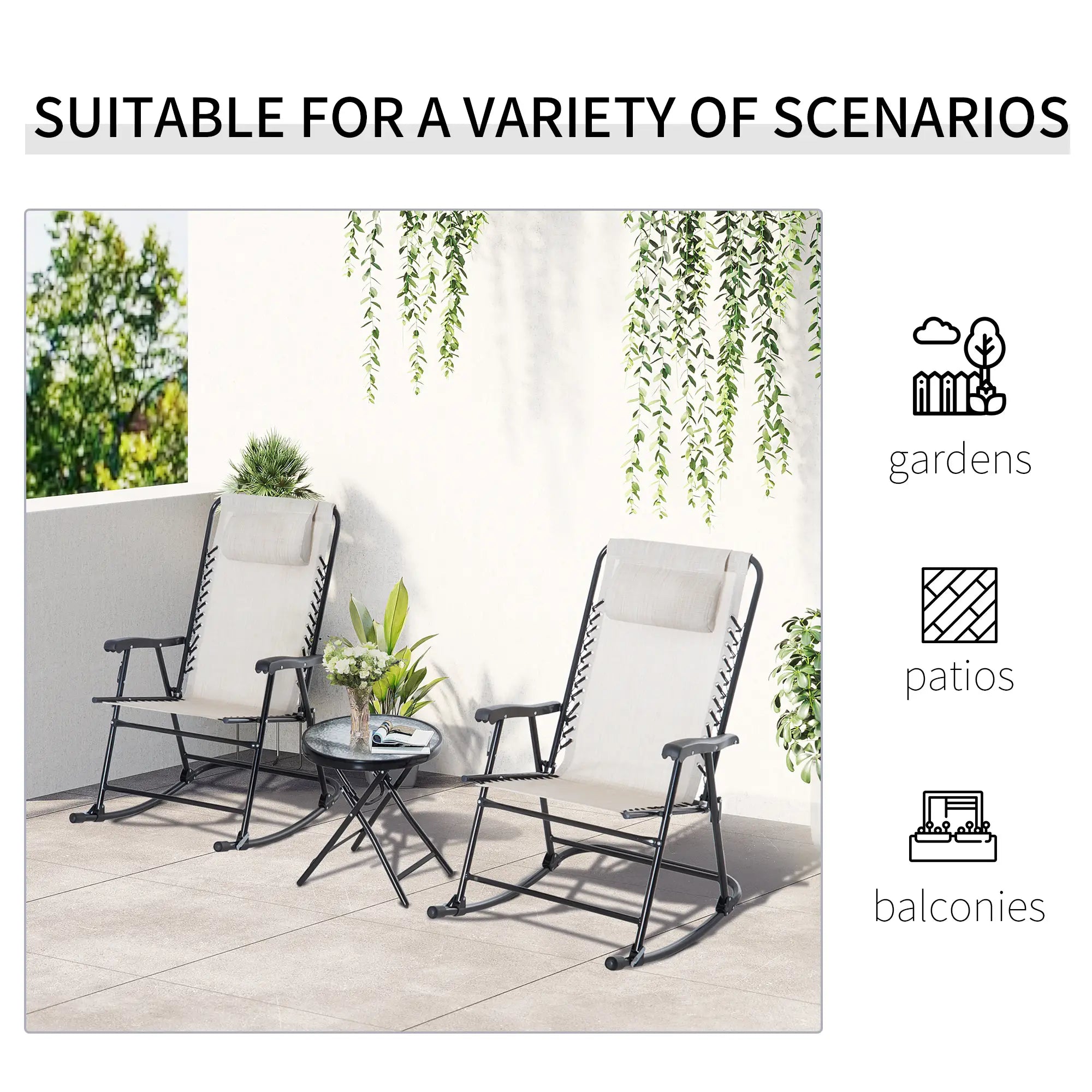 3pc Patio Rocking Chair Set, Folding Outdoor Chairs w/ Table, Cream White Outdoor Rocking Chairs at Gallery Canada