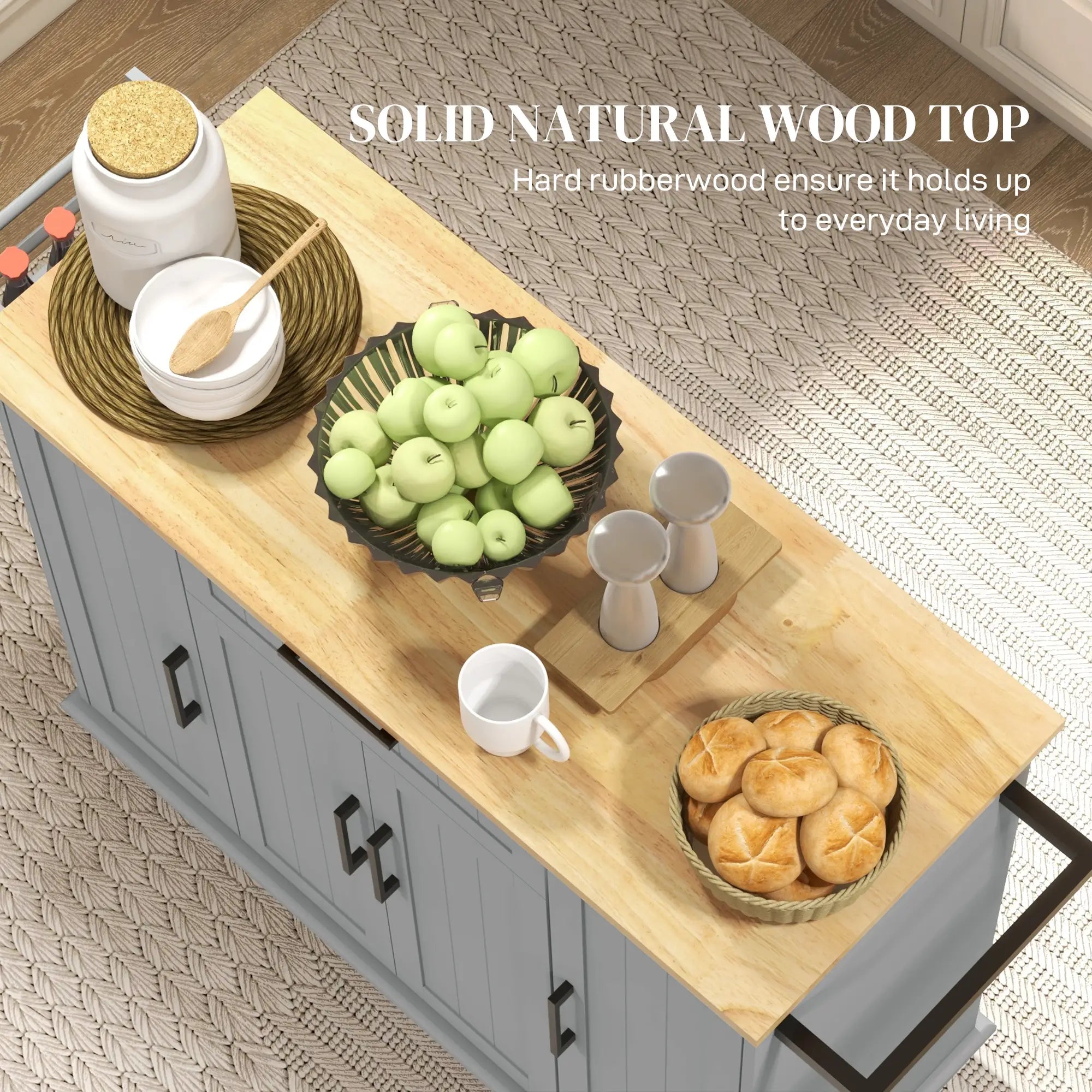 Modern Rolling Kitchen Island Cart, Natural Wood Top, Grey Kitchen Islands & Kitchen Carts at Gallery Canada
